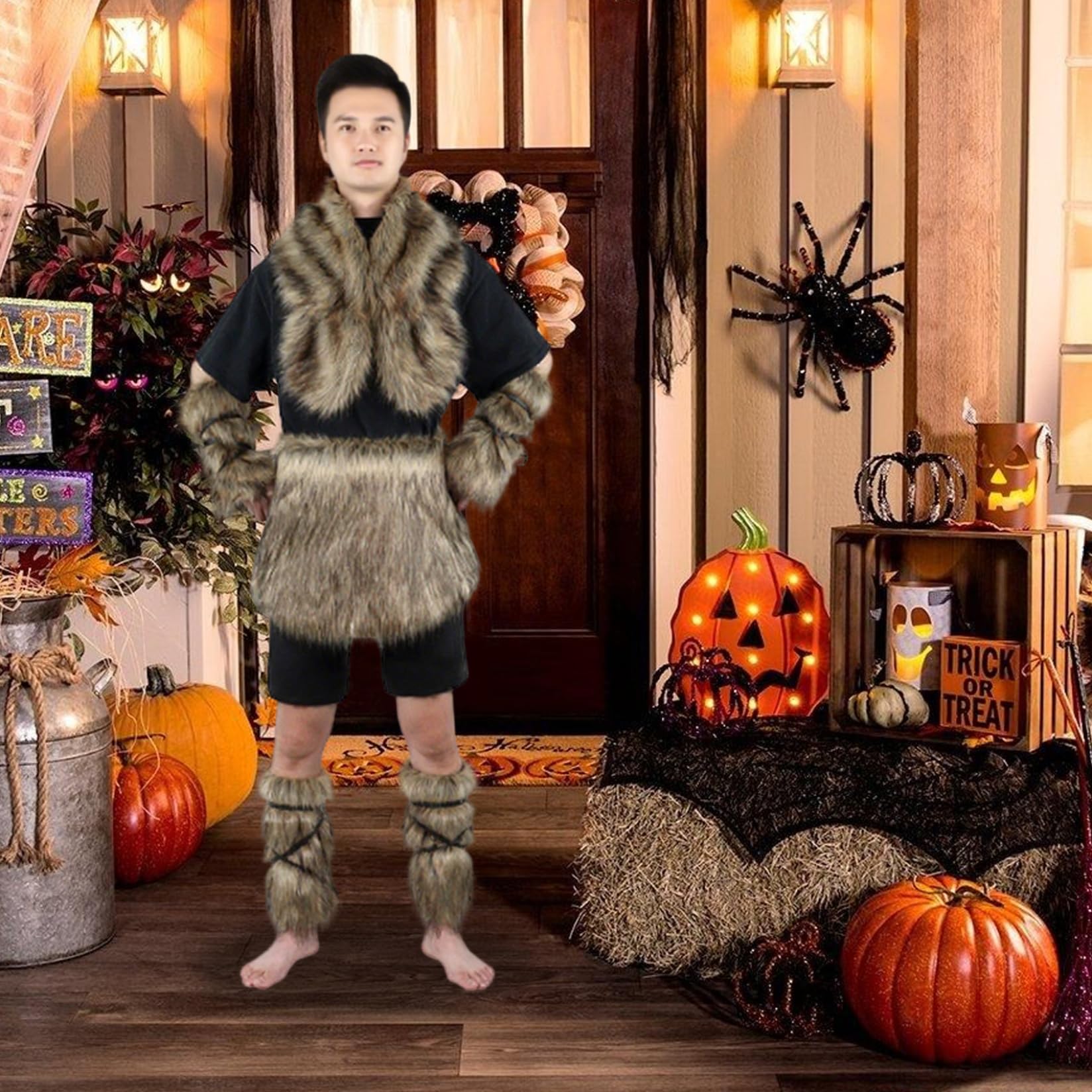 4 pièces/Ensemble Costume Viking pour Hommes, Costume de Barbare Chaud en Fausse Fourrure Comprenant Une Jupe à la Taille, Un Brassard, Une Cape châle, des Couvre-Bottes pour fête Cosplay