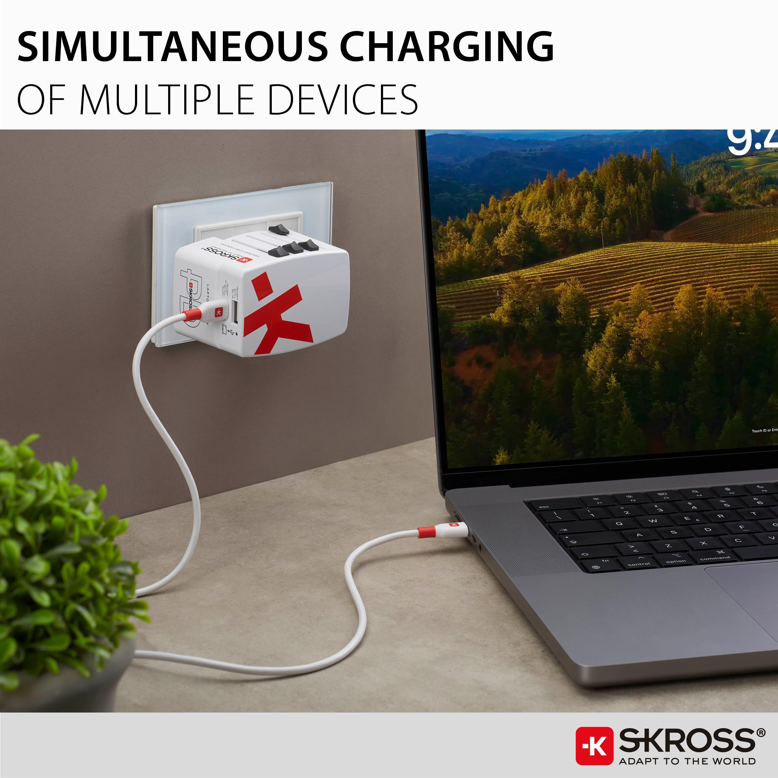 SKROSS - World USB Charger AC65PD - Caricabatterie Internazionale da Viaggio da Muro con 2 USB - 65W Fast Charging e Power Delivery - Cavo USB-C da cm Incluso