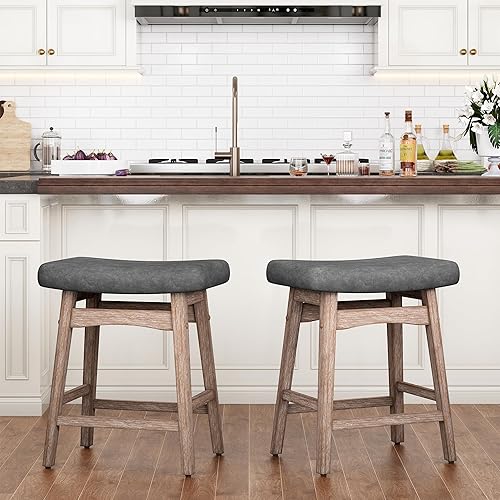 PHI VILLA Juego de 2 taburetes de bar de granja, herramientas de madera con asiento tapizado, taburetes de 24 pulgadas para encimera de cocina,