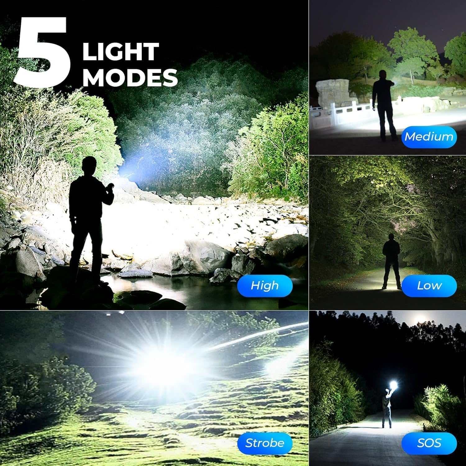 Linterna LED recargable de alto lúmenes, 99,000 lm, brillante, potente luz de flash de mano con 5 modos para el hogar, campamento (paquete de 3)