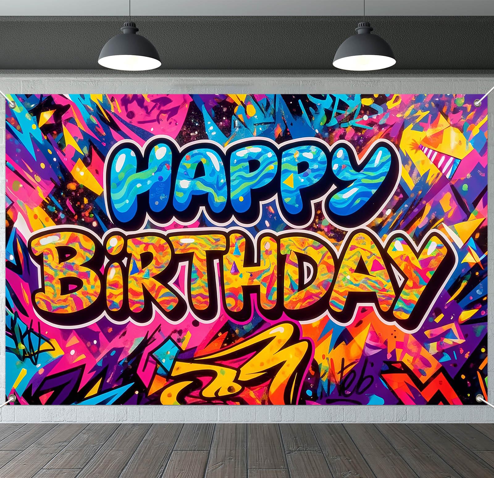 IVN Birthday Decoration Banner 71x43 Inch Graffiti Happy Birthday Backdrop with Neon Spray Paint Street Style Lettering for Party Wall Photo Garage Setup