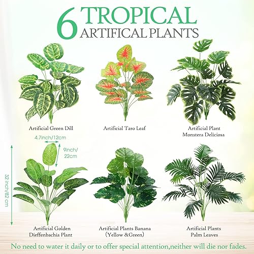Miniatura 3 de Yunlly 6 piezas de plantas tropicales artificiales de 32 pulgadas, hojas de palmera falsas, plátano, Monstera, hojas de tortuga, palmera perenne,