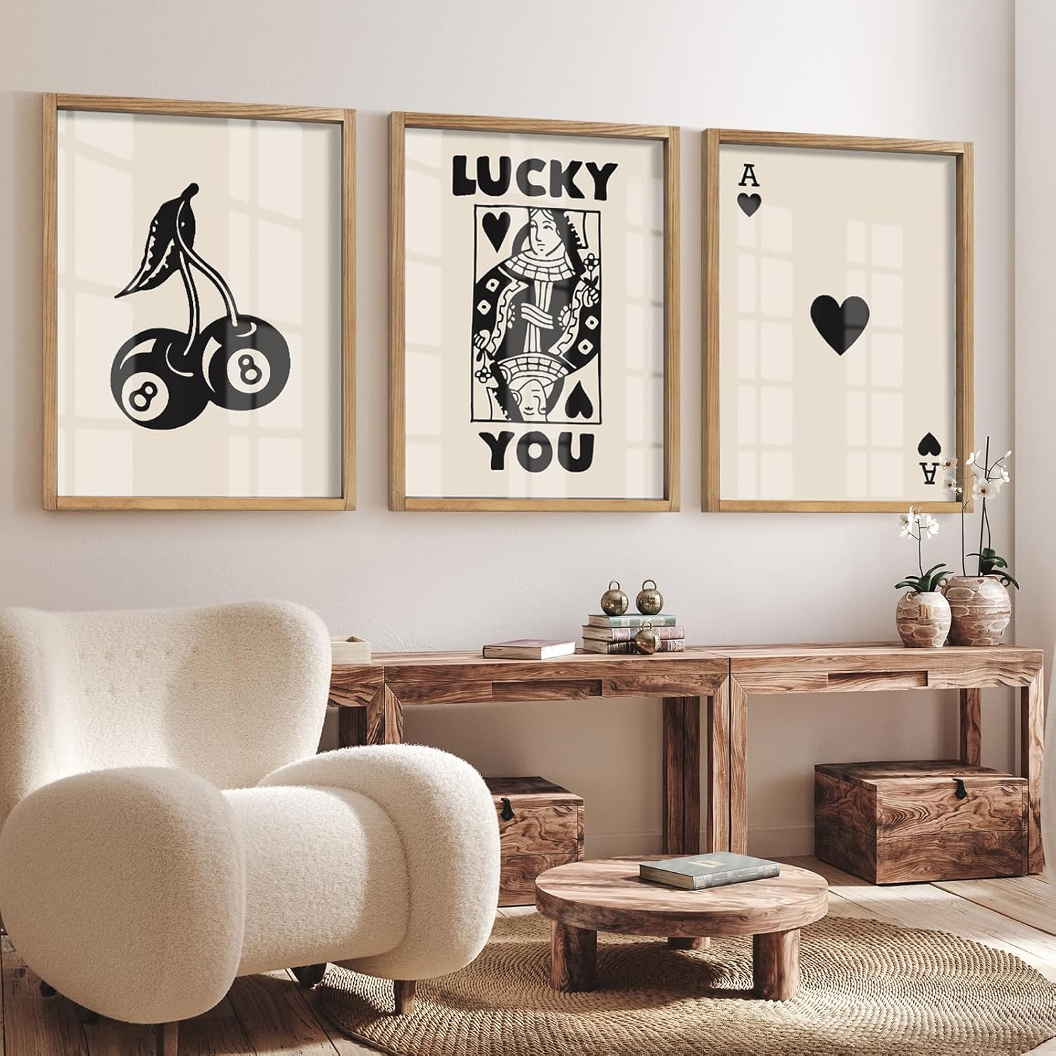 Heiple Framed Set of 3 Poker Wall Art Lucky You Poster, Trendy Retro Print Wall Decor for Queen of Hearts Wall Art Rustic Vintage Farmhouse Home Wall Decor?Brown 12"x16"?