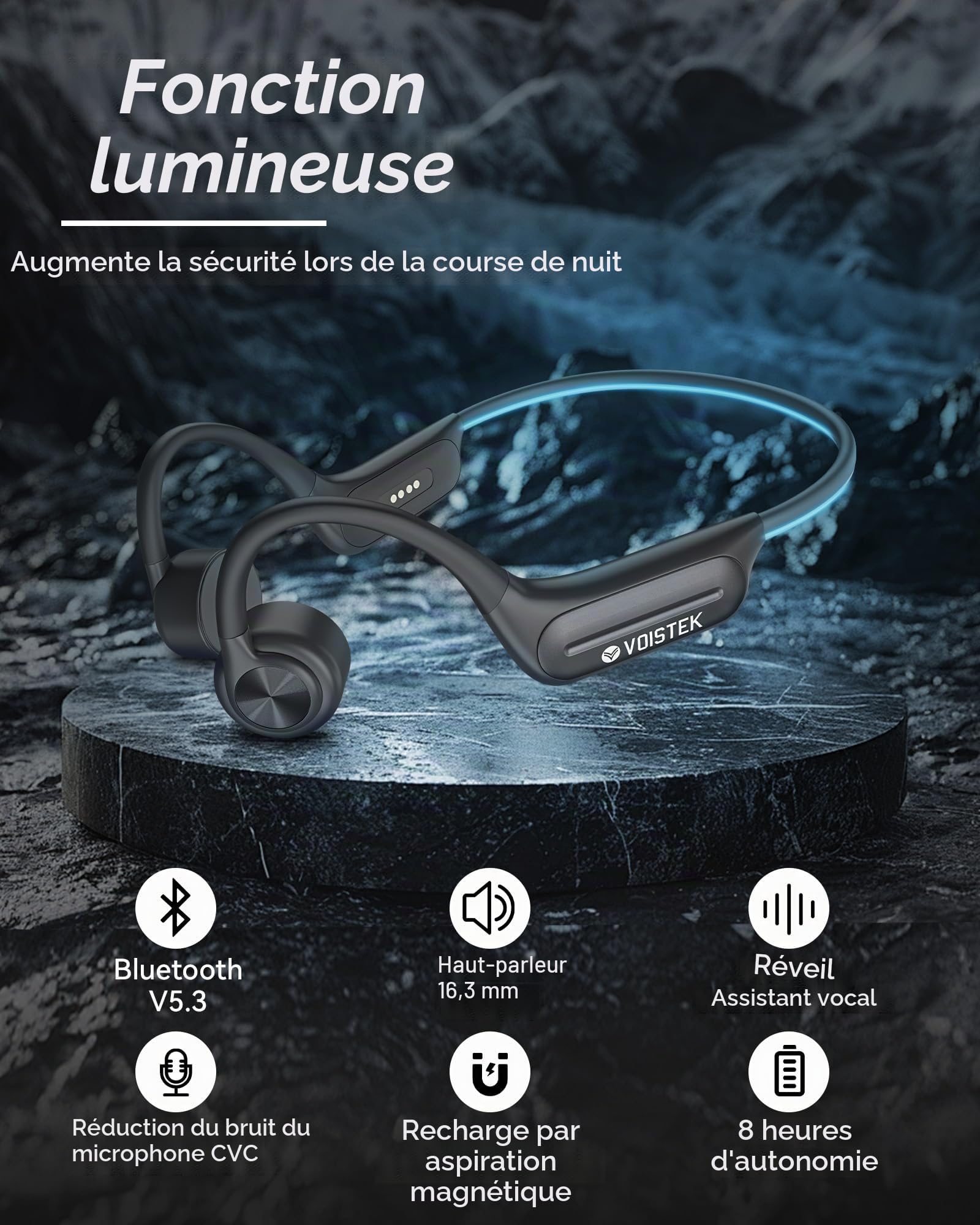 Voistek Casque Bluetooth à Transmission Osseuse - Idéal pour Natation, Sport & Course à Pied - avec Lecteur MP3 Intégré, Mémoire 32 Go sans Fil - Conception Ergonomique pour Activités Exercices