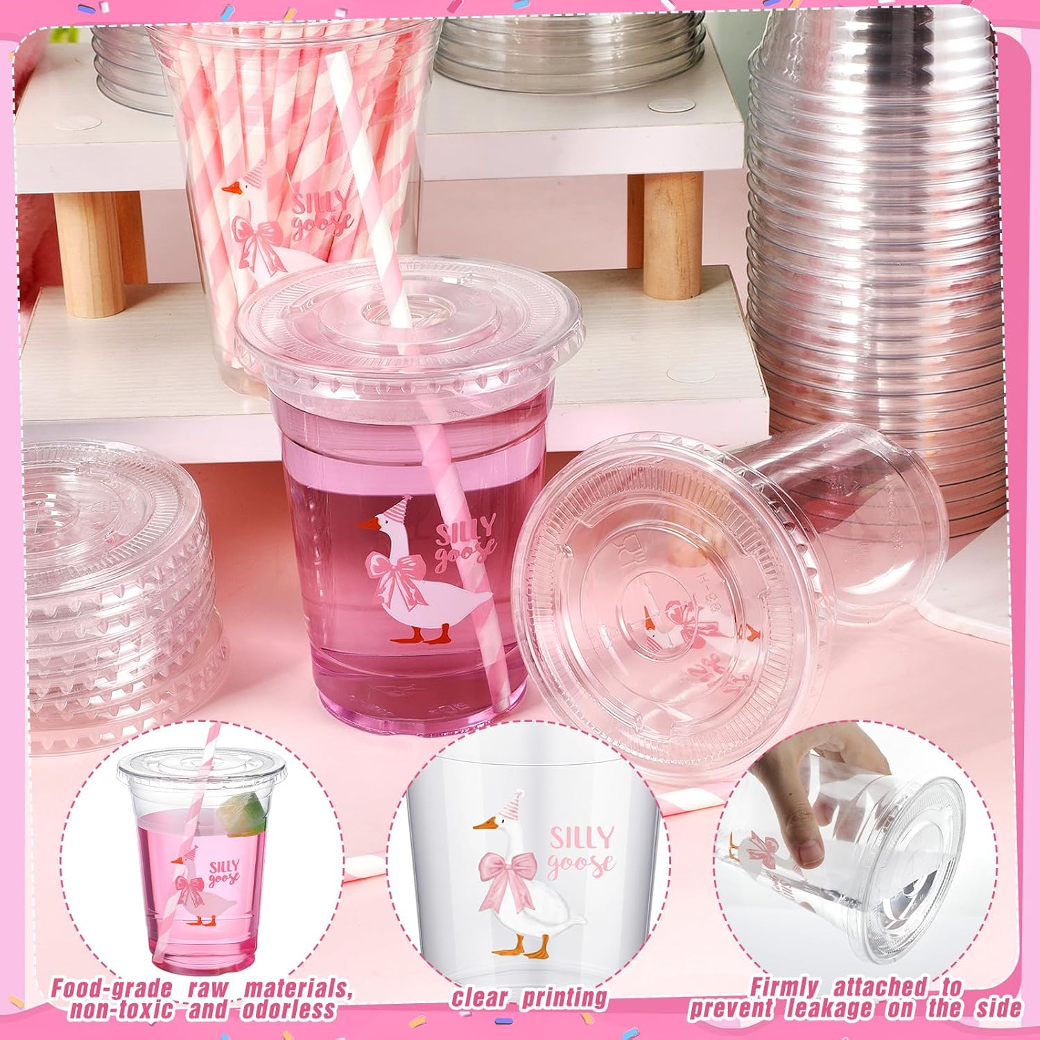 Qinyoung 50 Pcs One Silly Goose Birthday Party Disposable Plastic Cups with Lids and Straws 16oz One Silly Goose Baby Showers Cups Cute Cold Beverage Drinking Supplies for Party Decorations(Pink)