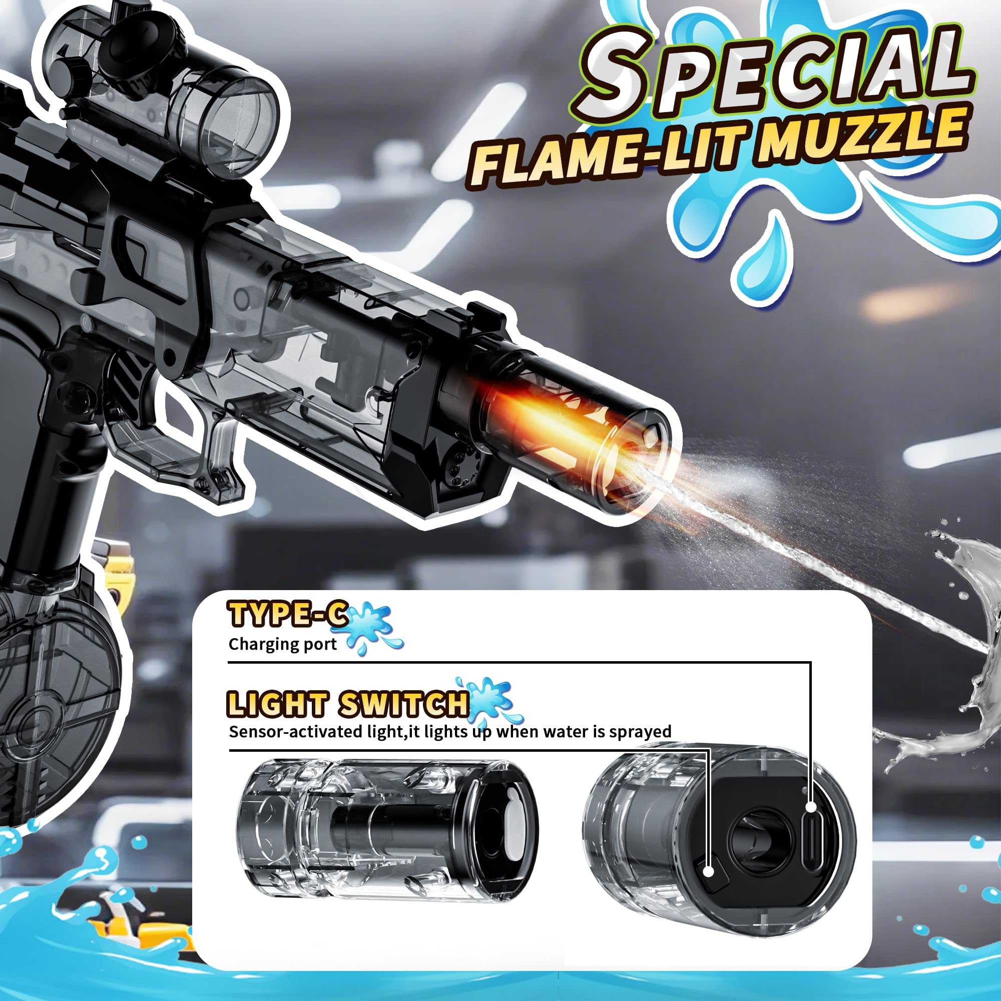 MNJCK Electric Water Gun with Muzzle Flash, High Capacity Powered Water Gun, 28-32 FT Range Automatic Water Toys Summer Outdoor Pool, Rechargeable Battle Water Games Gun for Kids Adults