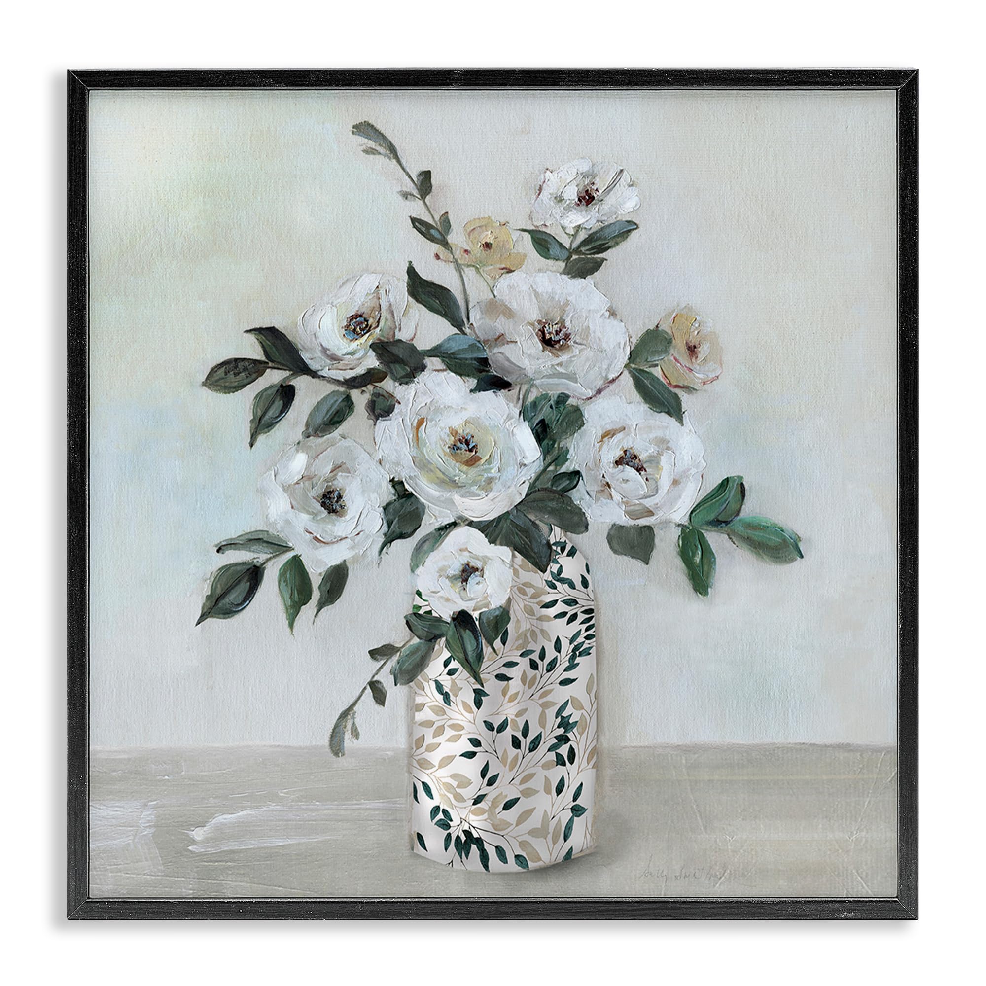 Stupell Industries 'Leaf Patterned Flower Vase', Framed Giclee Art, Black, 17 x 17 Inches, Easy to Hang and Sturdy, Made in USA, by Sally Swatland