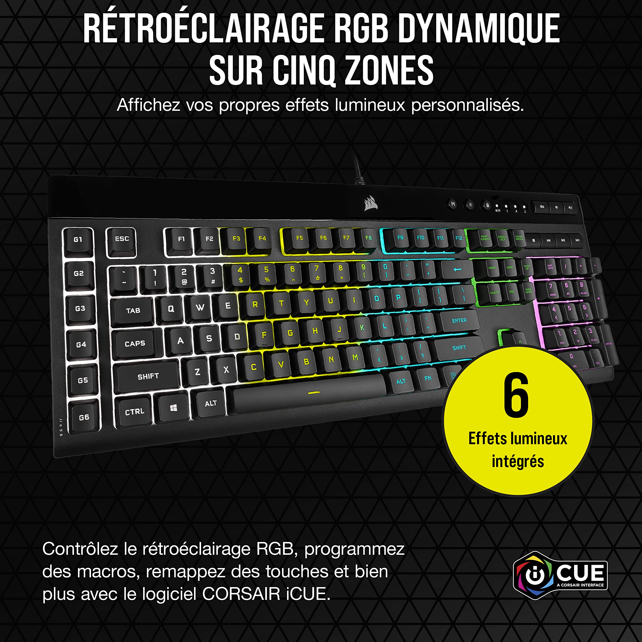 Corsair K55 RGB Pro Clavier de Jeu Filaire à Membrane (AZERTY FR) – Noir | IP42 Résistant à la Poussière et Aux éclaboussures, 6 Touches Macro Intégration Elgato, PC, Mac, Xbox