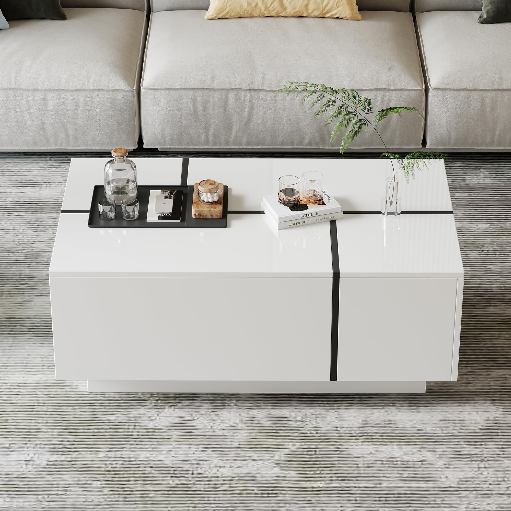 Merax Couchtisch Rechteckiger, Moderner Wohnzimmertisch Ausziehbar mit Schiebetischplatte, Multifunktions-Kaffeetisch mit 4 Schubladen, Hochglanz Sofatisch Beistelltisch für Wohnzimmer, Büro, Weiß