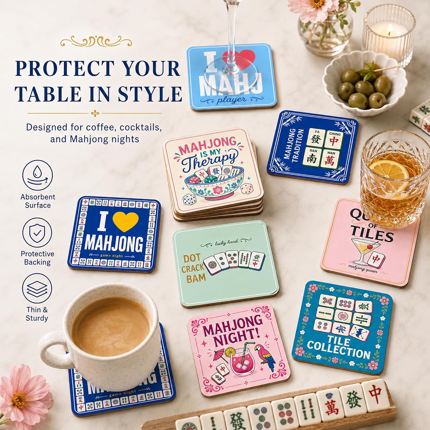Mahjong Coasters 8 Pcs, Colorful Wooden Drink Coasters 3.94 x 3.94 Inch, Mahjong Accessories and Gifts for Players, Game Night Decor, Mahjong Gifts image 3