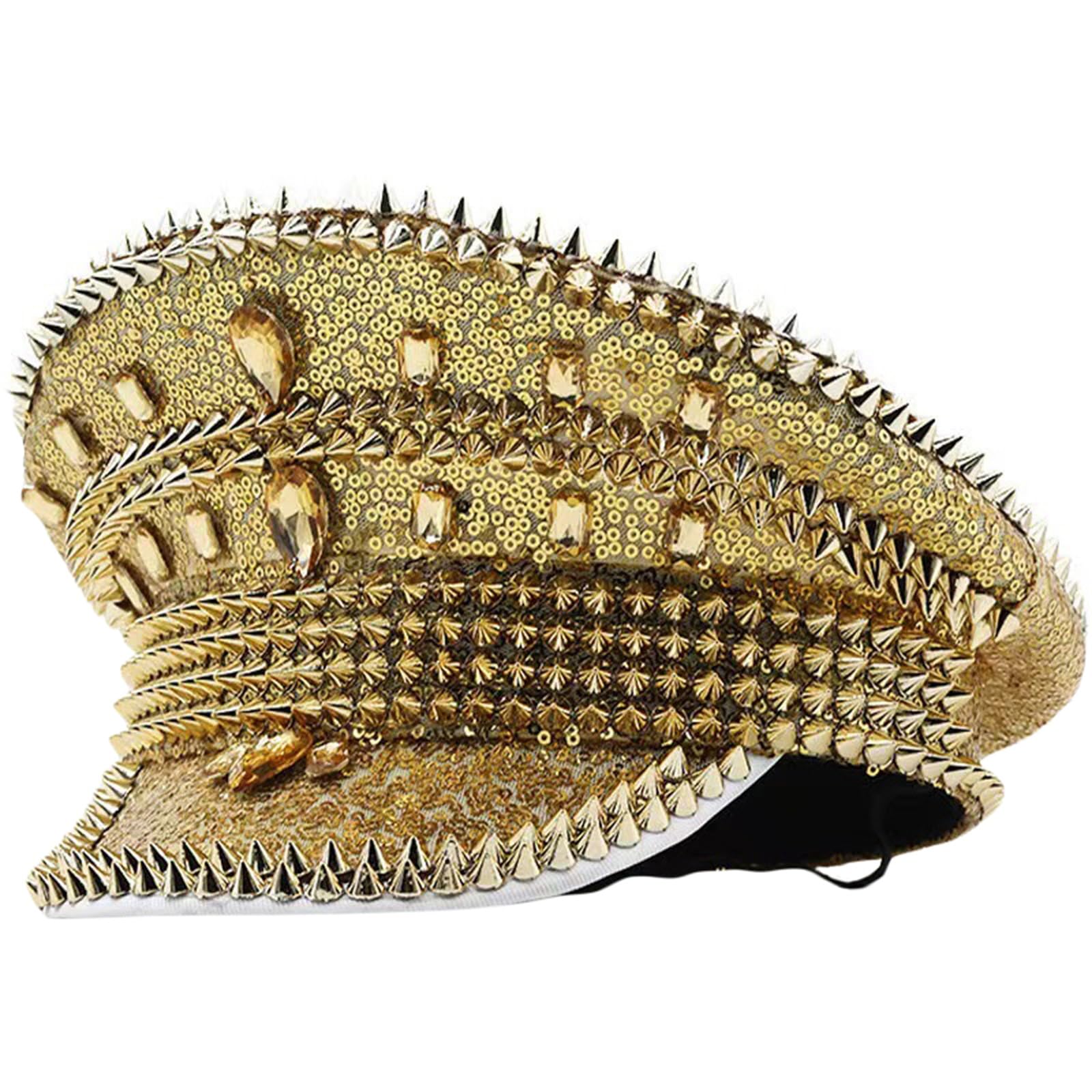 SANSIWU Rhinestone Sequin Captain Hat Sparkly Spiked Steampunk Military Hat Glitter Rave Party Costume Headwear for Women Bachelorette Cap (A-Gold, ONE Size)