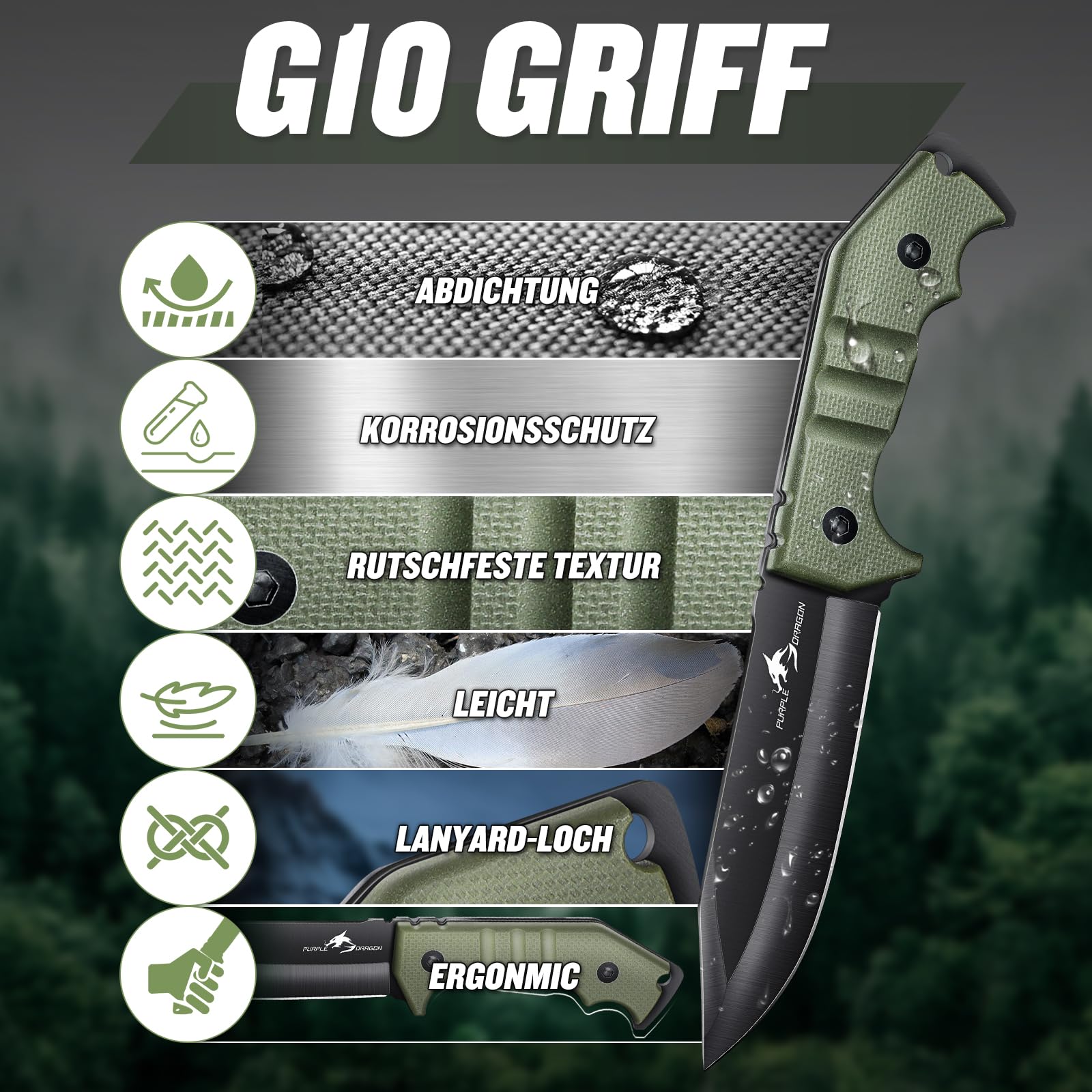 Purple Dragon Survival Messer Feststehende Klinge mit Grüner Kydex Scheide, Full Tang Outdoor Messer aus einem Stück D2 Stahl, G10 Griff für Bushcraft und Camping,Geschenke für Männer