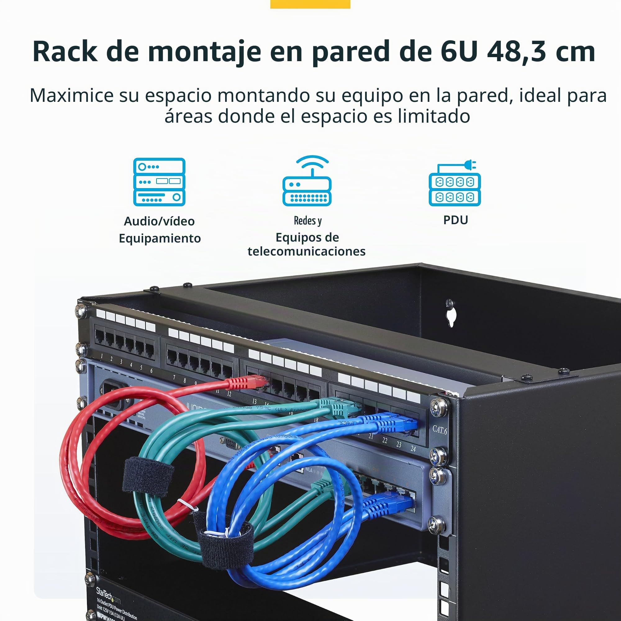 StarTech.com Rack Soporte de Montaje en Pared de 6U y 13,78in de Profundidad - Rack Horizontal para Patch Panel de Parcheo y Equipos de Servidor - con Capacidad de Carga de 19,9Kg - Negro (WALLMOUNT6)