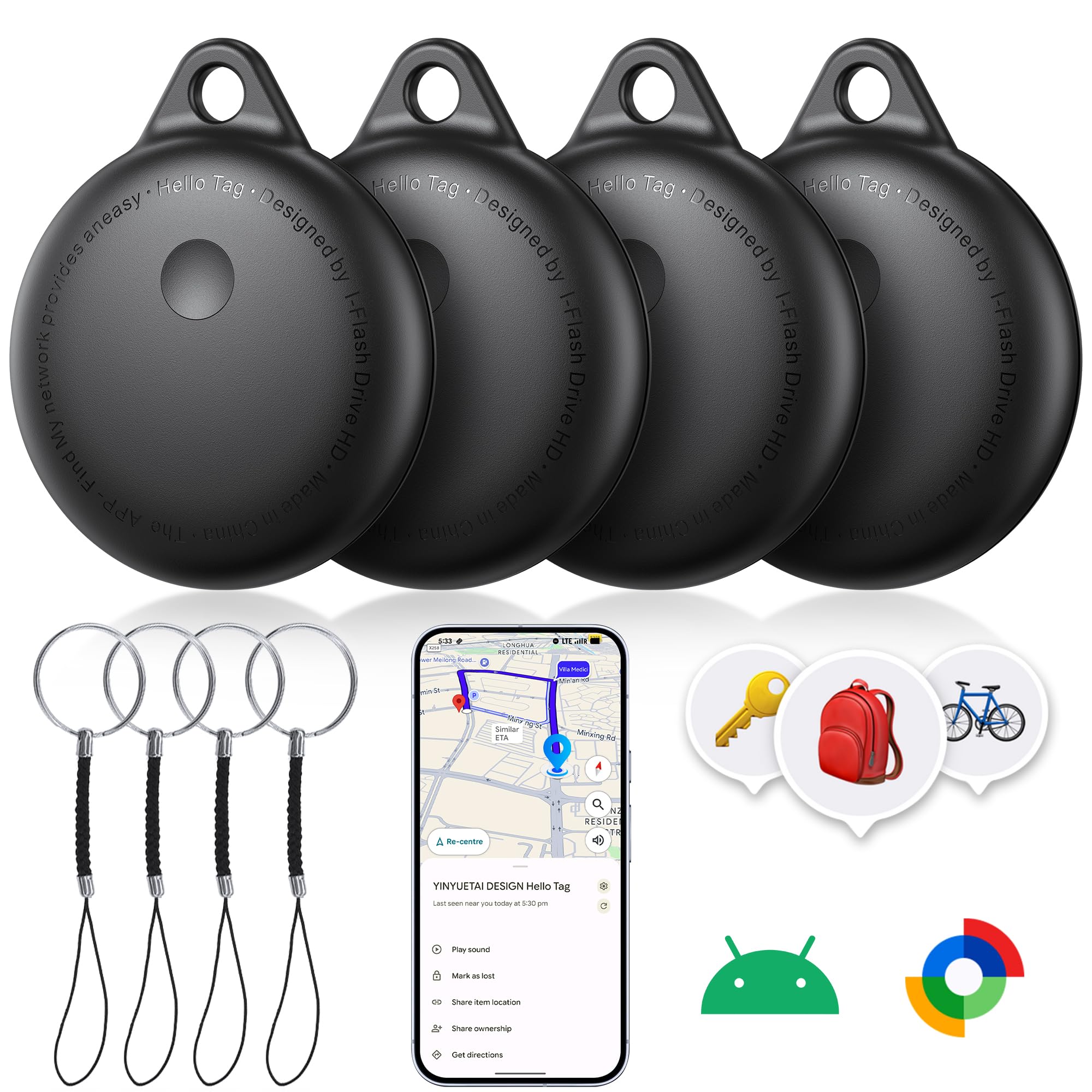 Air Tracker Android sans Abonnement, 4 Traceur Localisateur D’Objets, Smart Tracker Tag Fonctionne avec l’app Google Localiser, IPX6 Bluetooth Tracker pour Les Clés,Portefeuilles,Valises