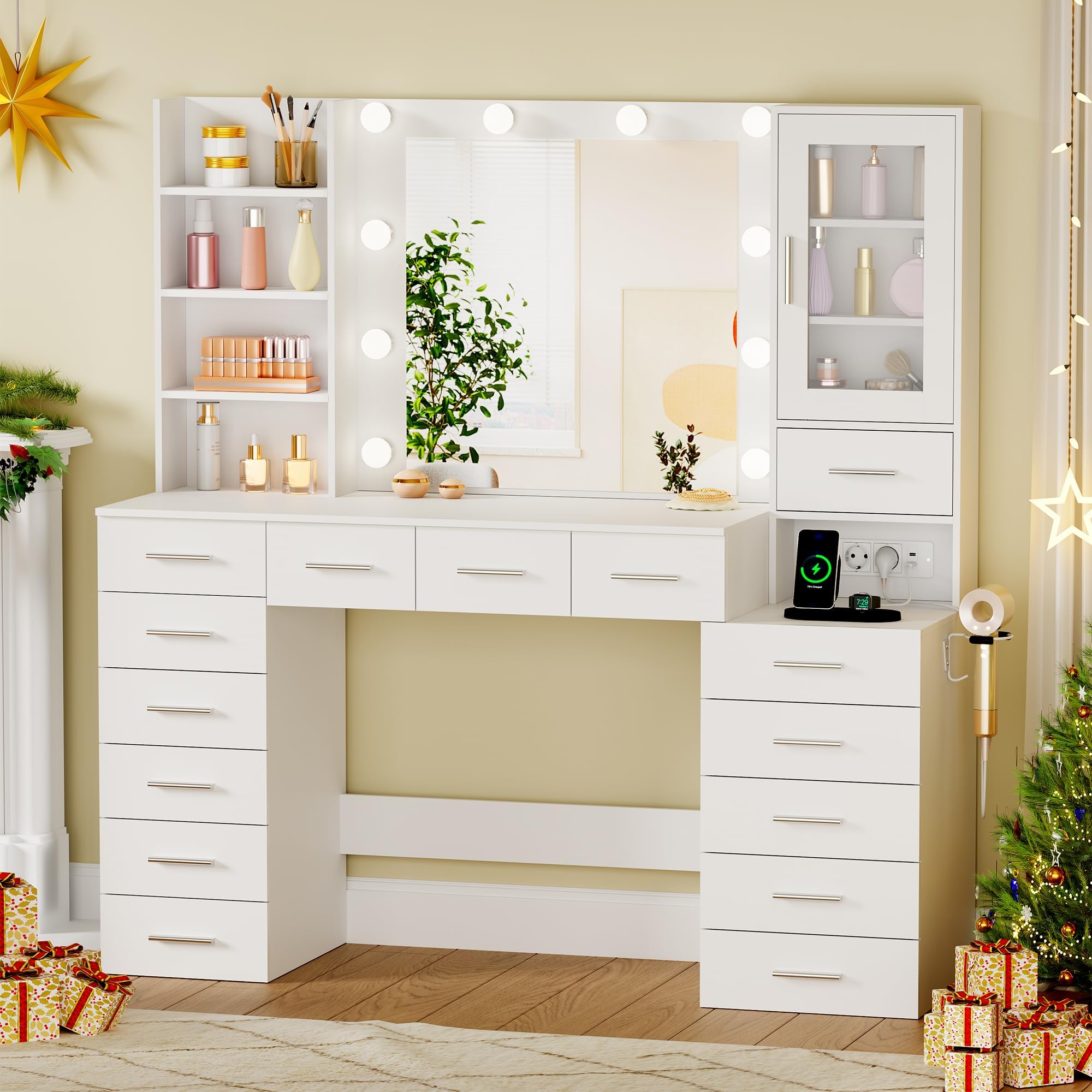 ANWBROAD Grande Toeletta con Specchio e Luci, Luminosità Regolabile, Bianco | Toeletta Trucco con Prese, Tavolo da Trucco con 15 Cassetti e 7 Ripiani Aperti per Camera da Letto Postazione Trucco BDT37W