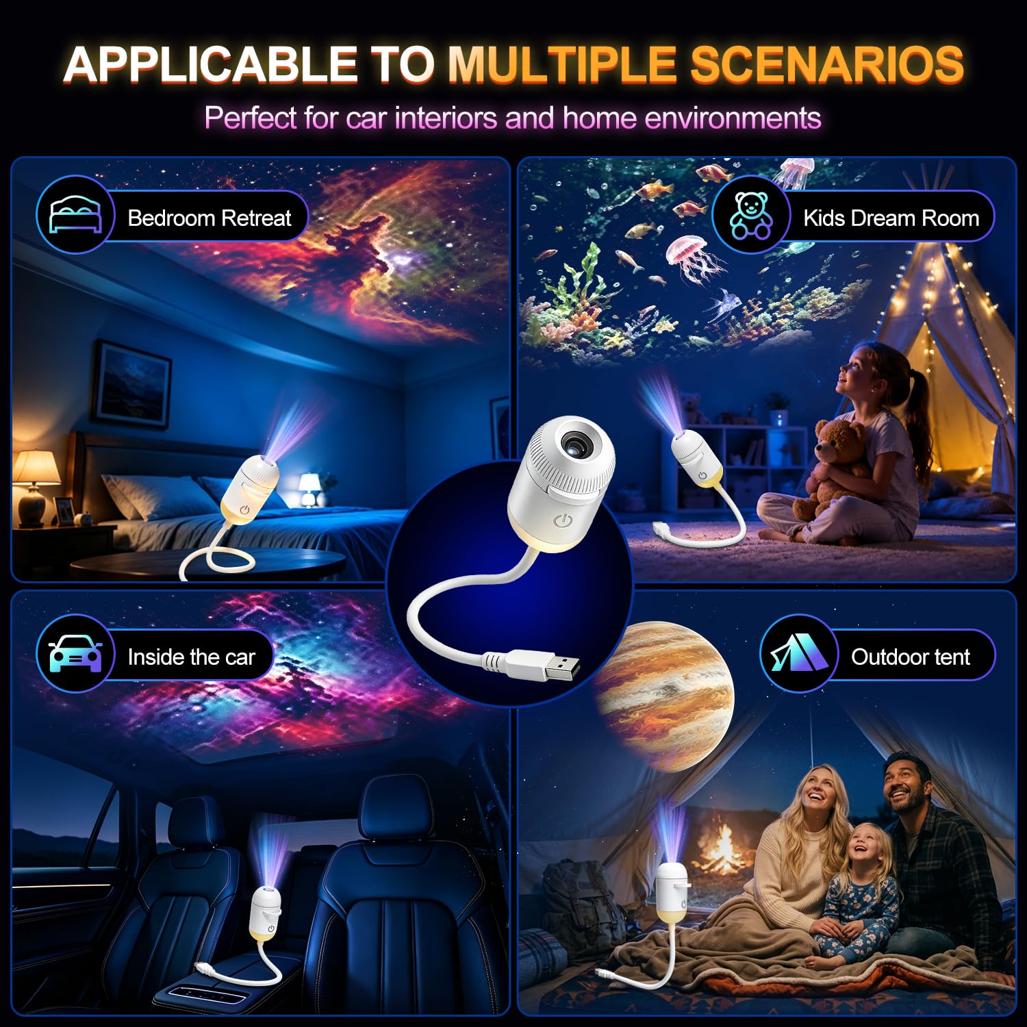 Veilleuse projecteur galaxie 2 en 1 USB pour chambre d'enfant | Luminosité réglable, décoration murale de voiture et de chambre – 24 films
