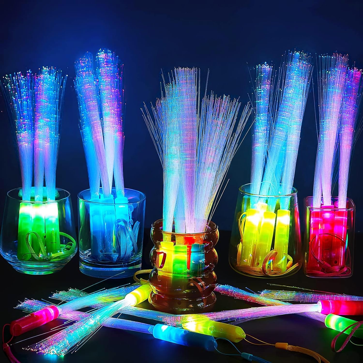 Lewtemi 60 Pack Fiber Optic Wand Glow Wand LED Light Up Sticks Bulk with 3 Flashing Models Flashing Sticks with Included Batteries for Wedding Birthday Mardi Gras Valentine Party Favor(Novel Colors)