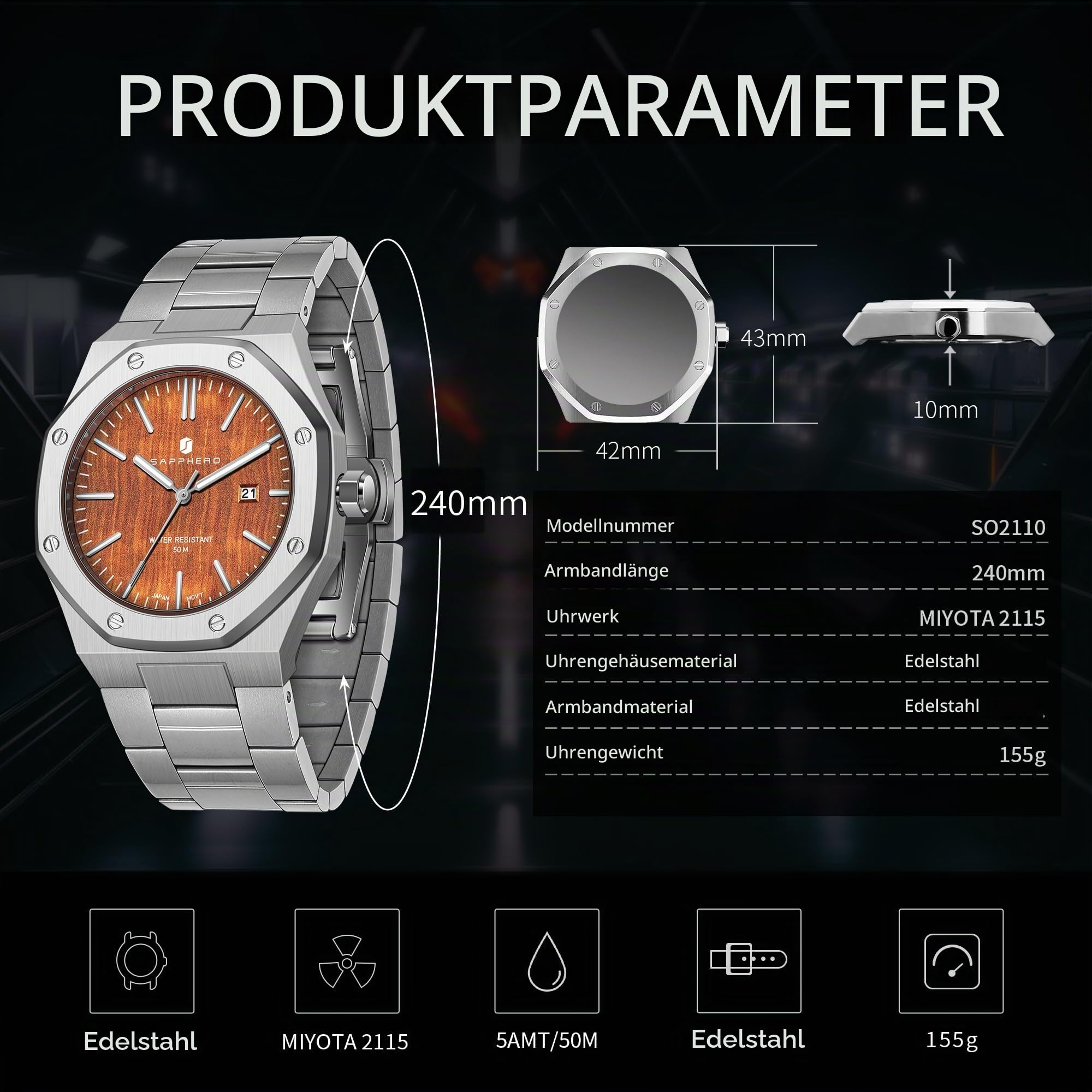 SAPPHERO Uhren Herren Quarzwerk Silber Edelstahl Armband 50M Wasserdicht Datum Kalender Schwarz Blau Herrenuhren Armbanduhr Geschenke für Männer