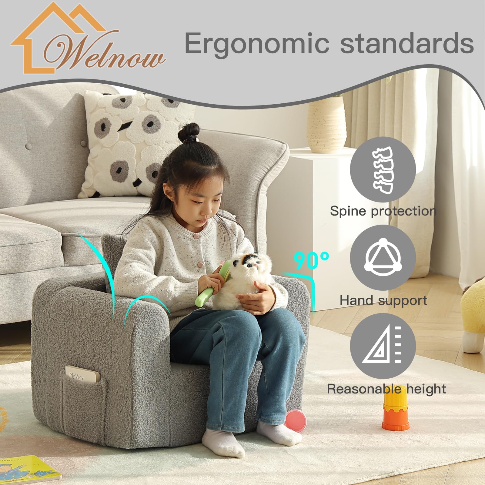 Sofá para niños con almohada, acogedora silla de espuma suave para leer, sofá infantil con reposabrazos, muebles ligeros y cómodos para niños, dormitorio, sala de juegos para niños y niñas, 7