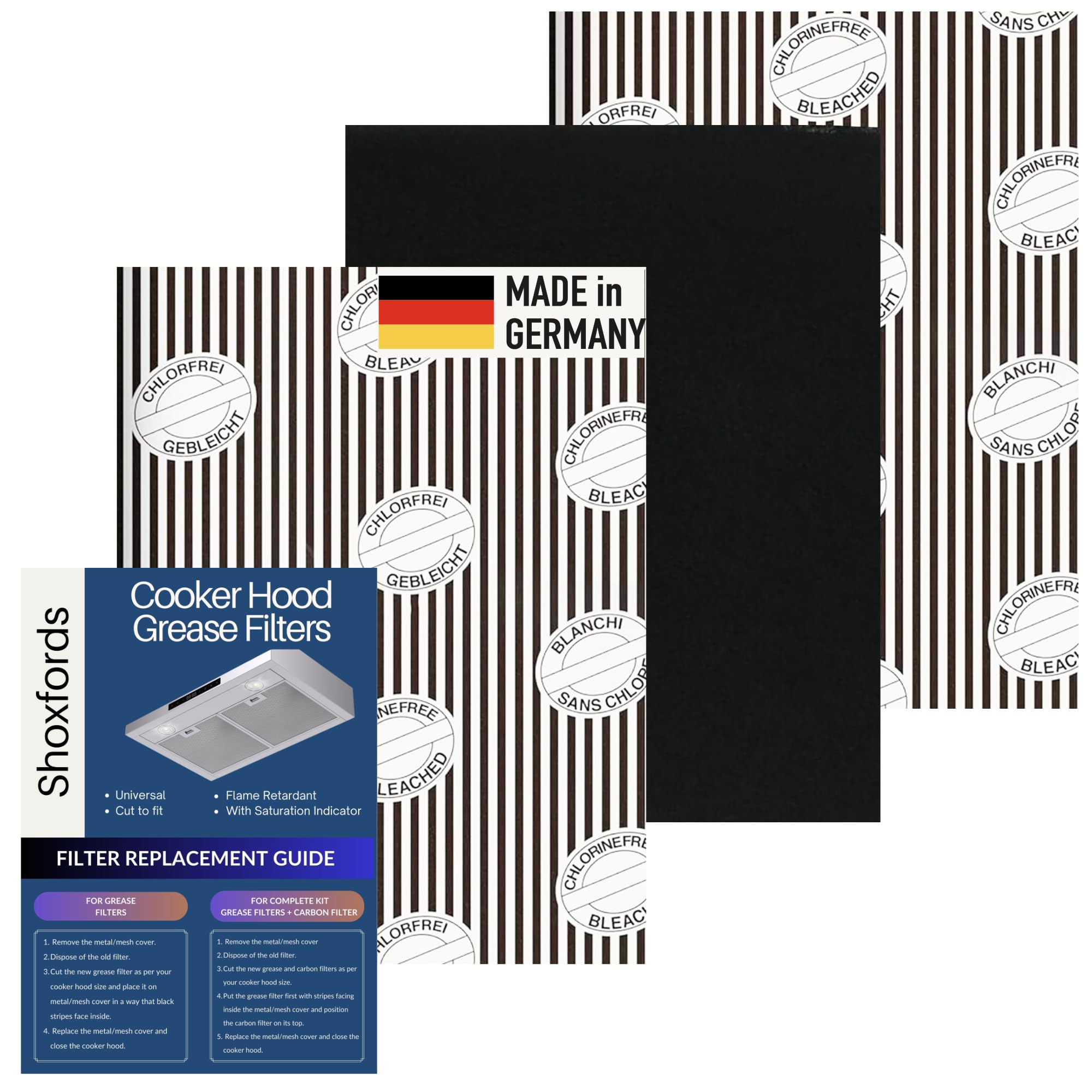 Cooker Hood Filter Kit 3Pack - 2 Grease Filters for Cooker Hood and 1 Carbon Filter Extractor Fan, Cut to Size Extractor Fan Filters for Fresh, Odour-Free Cooking – Made in Germany