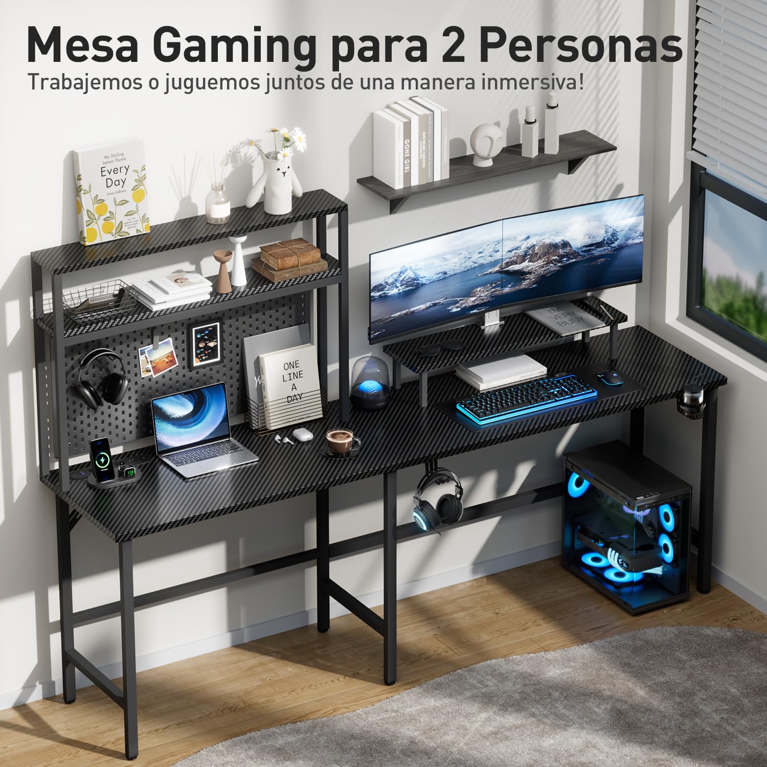 HLFURNIEU Mesa Gaming LED 150 x 100 cm, Escritorio Gaming en L con Enchufes y Puertos USB, Escritorio Esquinero con Estanteria, Mesa Gamer con Soporte para Monitor, Mesa Oficina Negro