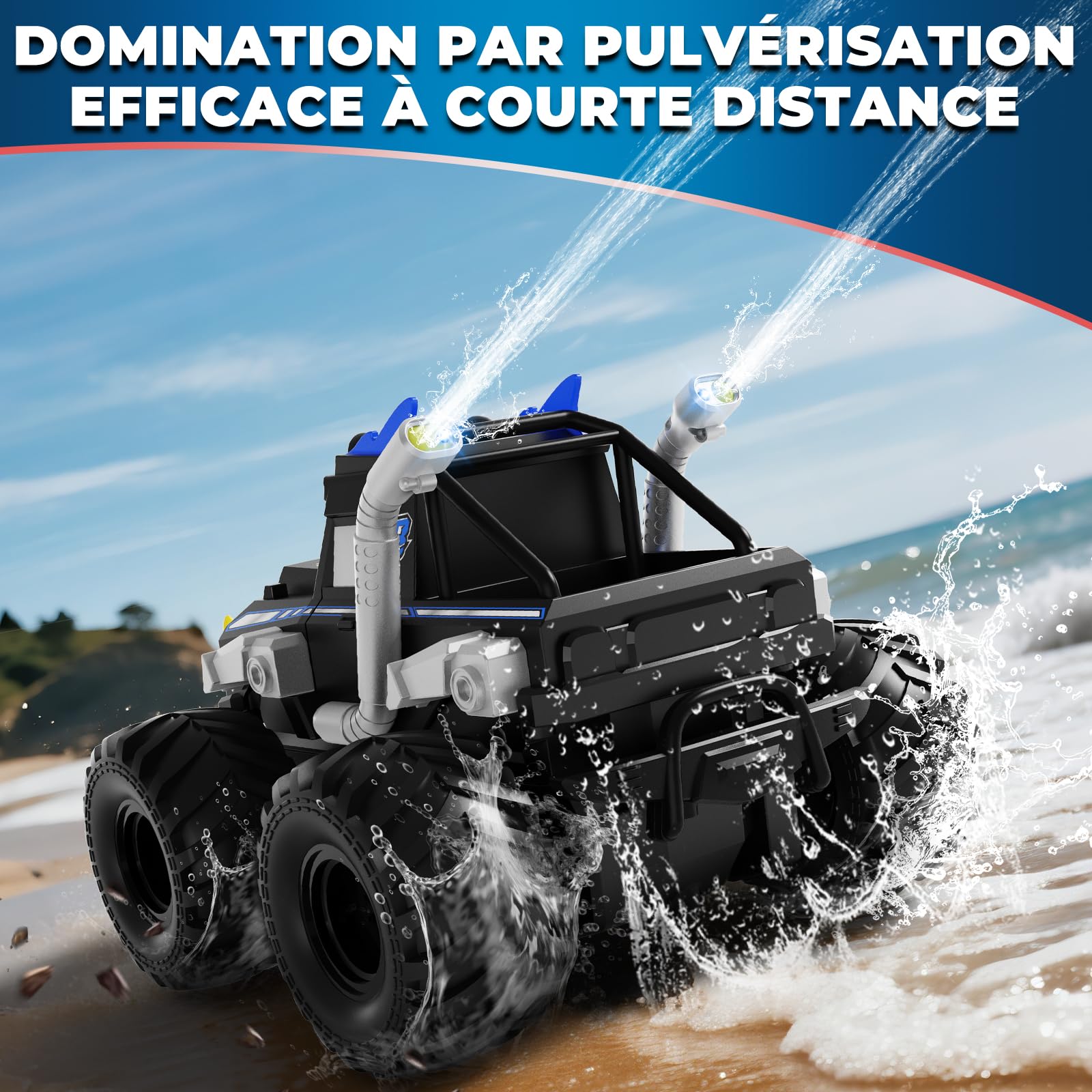 Voiture Télécommandée Tout Terrain Amphibie，2.4GHz Voiture Télécommandée Enfant, 4x4 télécommandée tout terrain, Monstertruck RC avec 360° Drift, Jouet Cadeau pour Garçon Fille 6 ans et plus (Bleu)