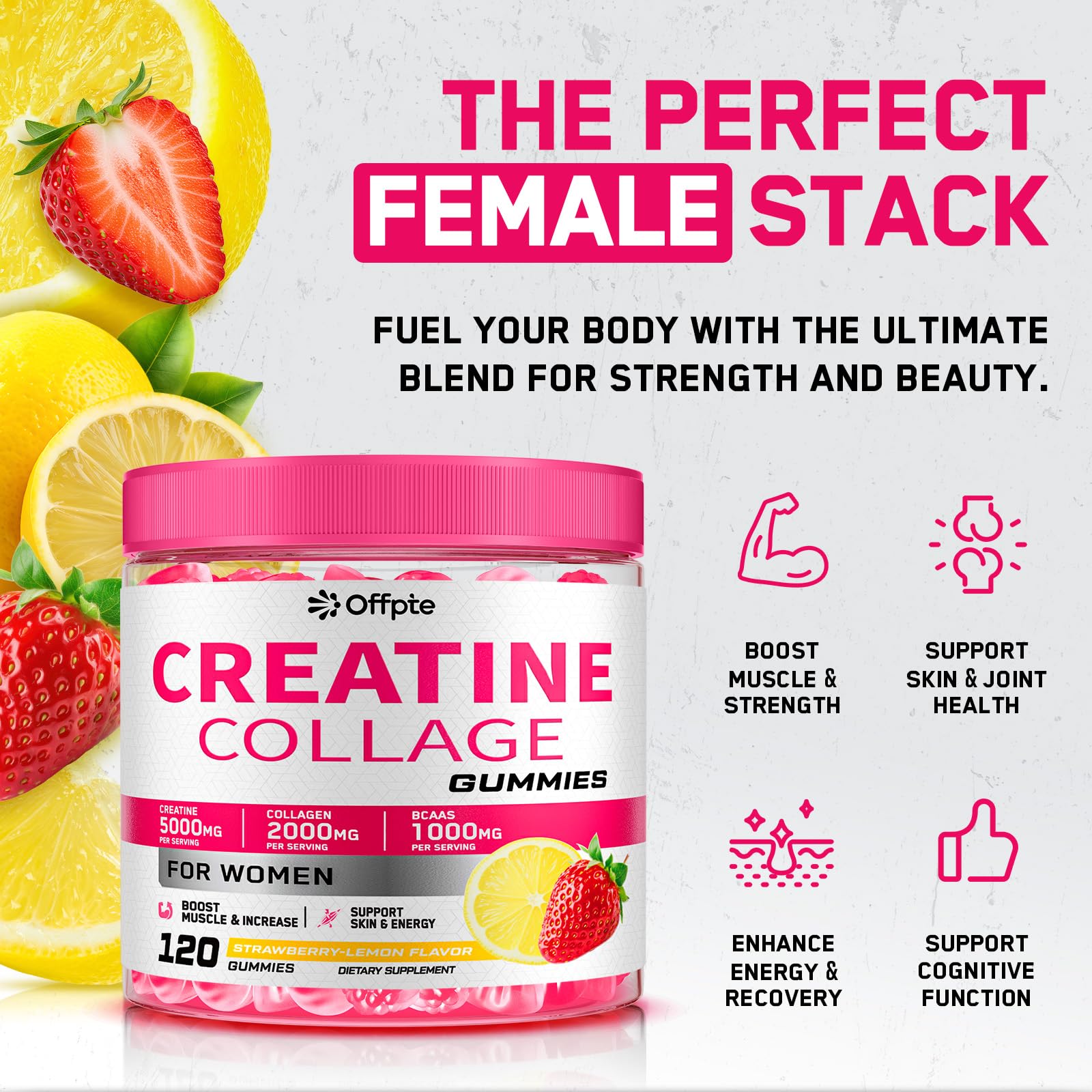 OFFPTE Creatine for Women, 5000mg Creatina Monohidratada Gummies with Collagen & BCAAs for Muscle Recovery, Energy & Skin, Chewable Post-Workout Supplement, Sugar-Free, No Bloating, 4 Gummies Per Day