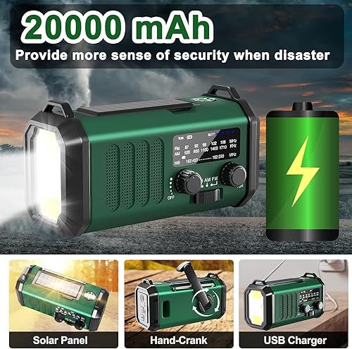 Miniatura 22 de Radio de manivela de 10000 mAh, radio de emergencia, radio solar, radio meteorológica NOAA/AM/FM, carga USB tipo C, radio de dinamo, batería de Verde