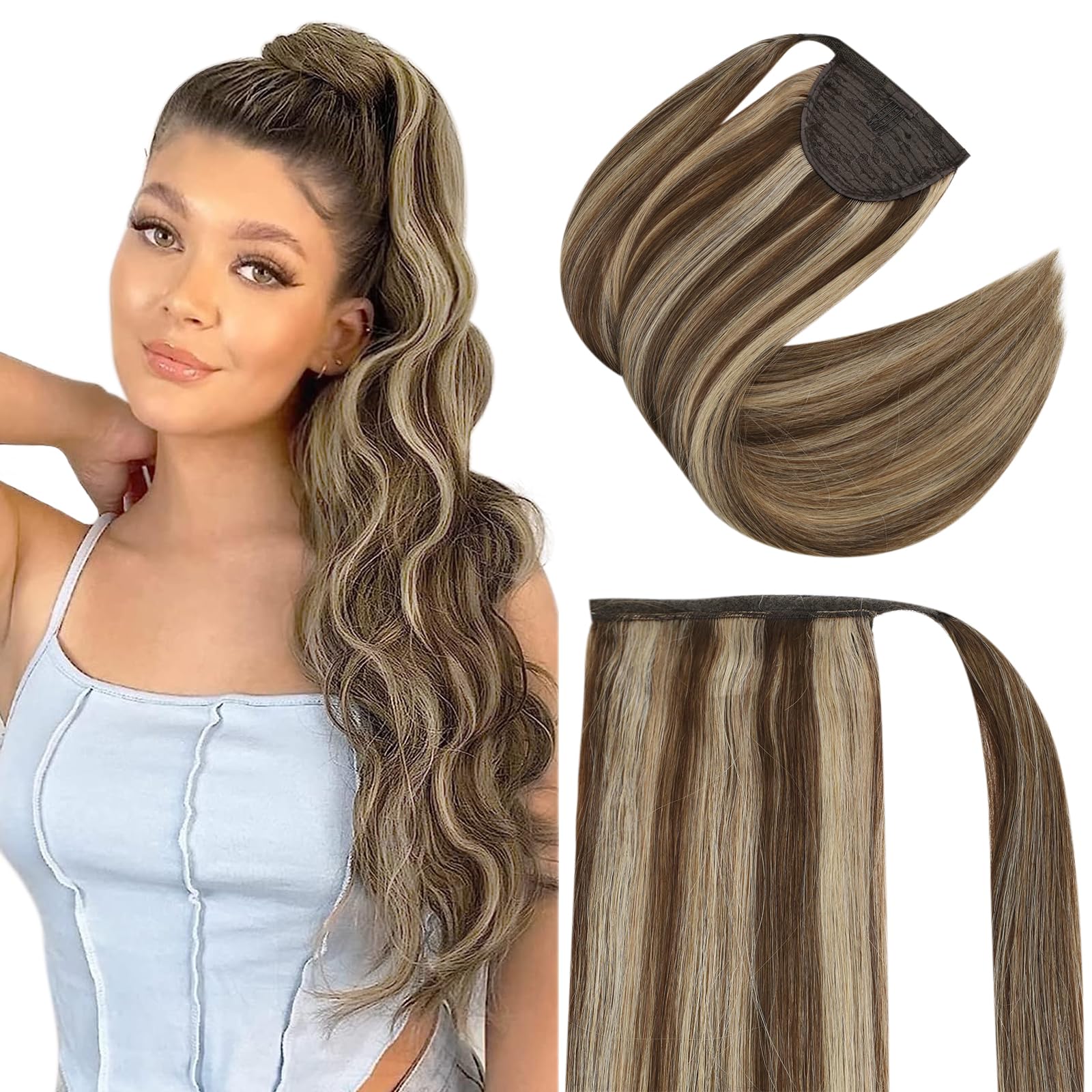 Fshine Ponytail Hair Extension Capelli Coda 50 cm 80 Grammo Capelli Veri Lisci Castano Medio Con Riflessi Biondo Clip in Coda Di Cavallo Capelli Umani Brasiliani 4P27