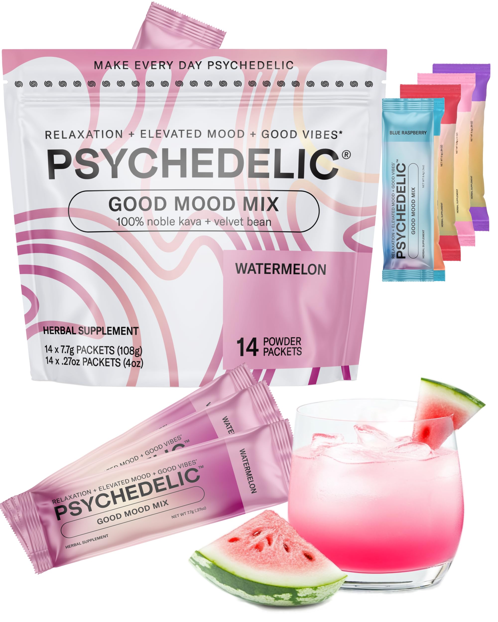 Good Mood Mix - Watermelon - Powder Packets - Calming Kava Drink Mix - Easy Open Single-Serving - Flavored Kava Powder - Mucuna Pruriens - Stevia - Non Alcoholic Adaptogen Mocktails - 14 Stick