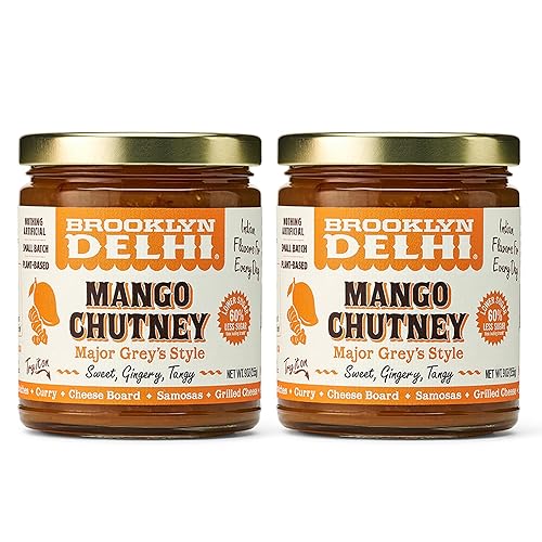 Brooklyn Delhi Mango Chutney, Major Grey Style Paquete de 2 9 onzas Hecho con mangos maduros, pasas doradas, jengibre fresco, Garam Masala y jugo