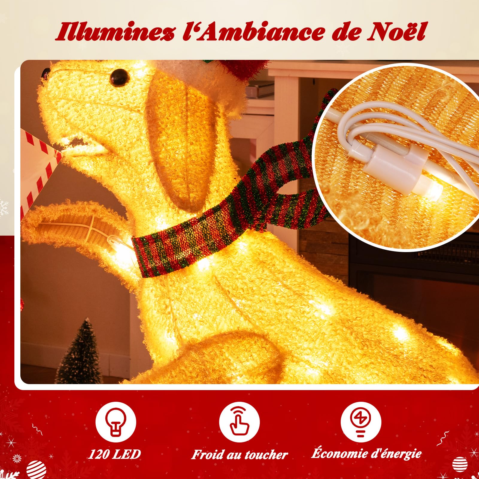 GYMAX 168cm Boîte aux Lettres de Noël & Chien, Décoration Lumineux LED, 120 Lumières Blanc Chaud, avec Attaches de câble et Piquets de Sol, pour Intérieur Extérieur Maison Jardin Pelouse
