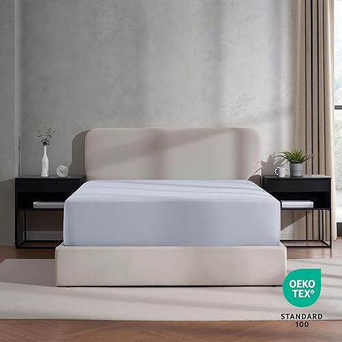 Miniatura 6 de Nestl Sábana bajera ajustable de bolsillo extra profundo de color azul hielo solo para cama King, sábanas bajeras de lujo tamaño King de hotel que