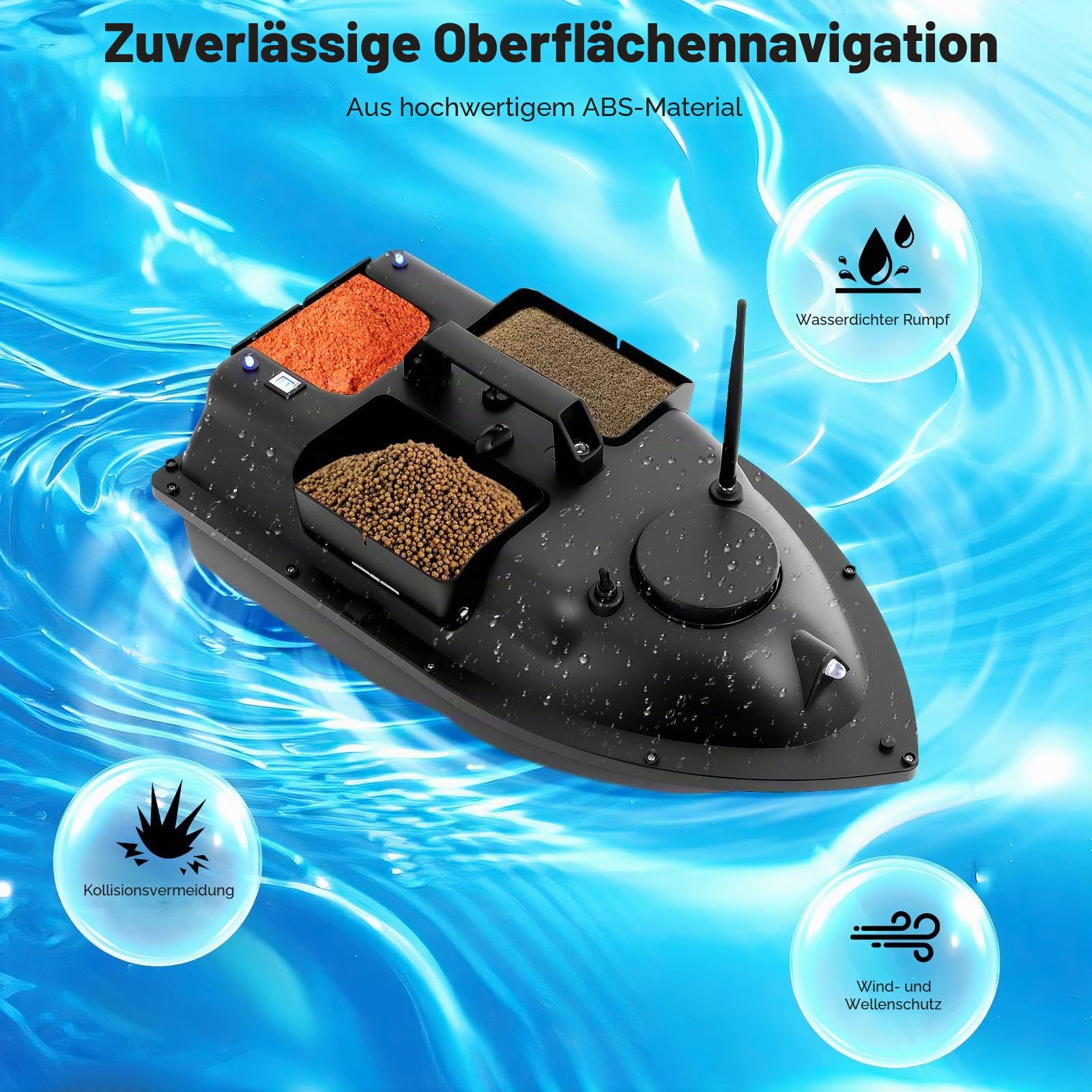 Ferngesteuertes Boot, RC Karpfenstarter, 500 m, kabellos, B-Boot mit 2 Motoren (3 Silos, schwarz)