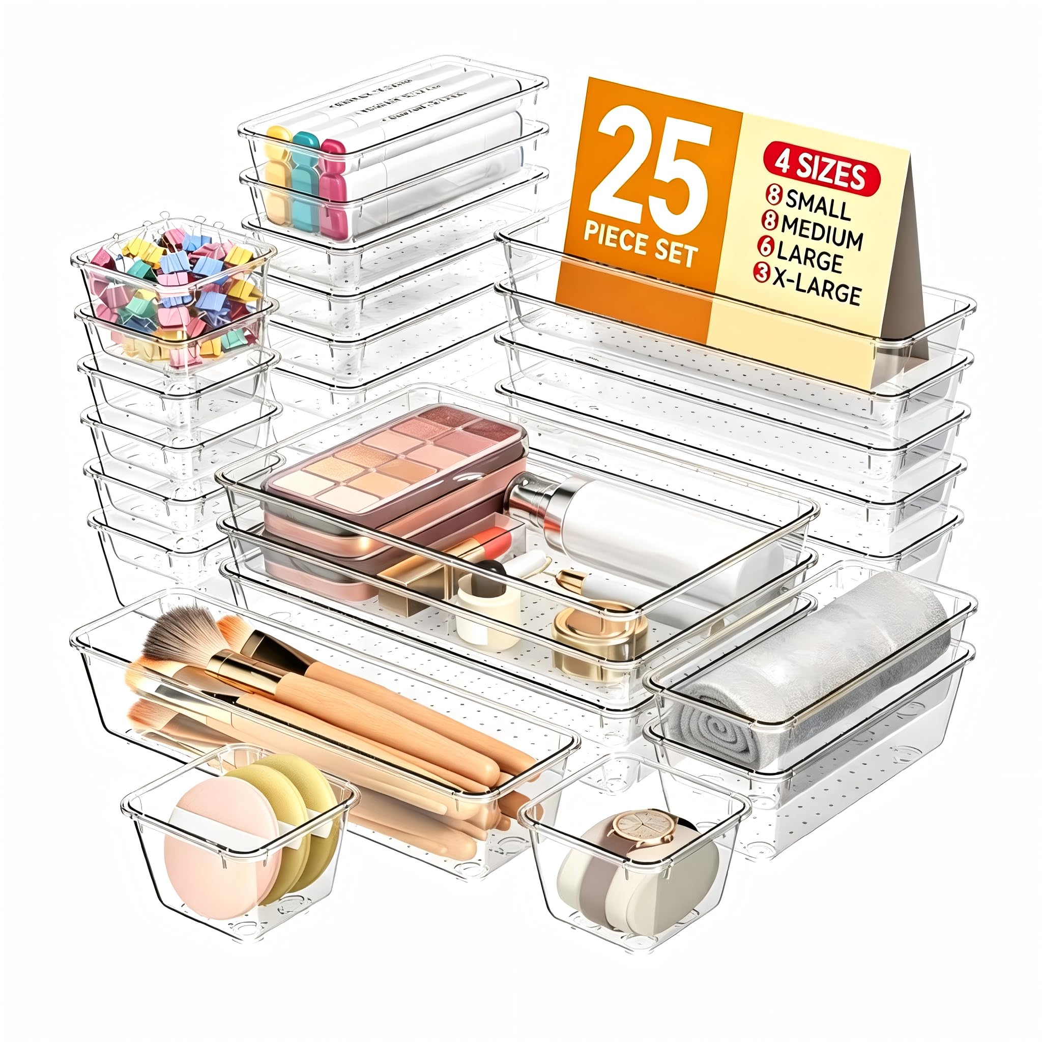 25Pcs Clear Drawer Organiser Set - 4 Sizes PET Plastic Storage Trays Free Combination Stackable Easy Clean, Multipurpose Dividers for Vanity Makeup Jewelry Skincare Nail Care Kitchen Bathroom Office