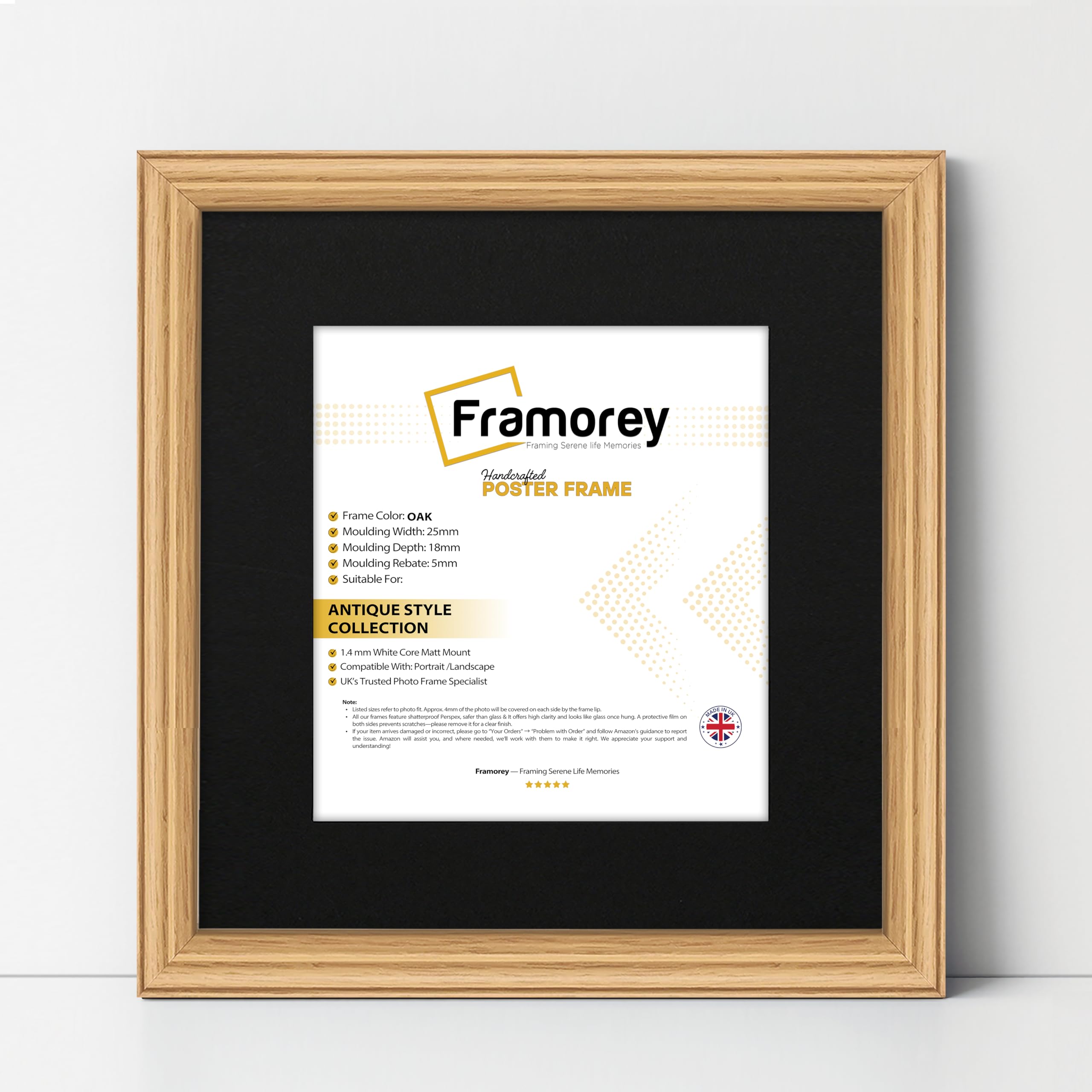 Framorey Framing Serene Life Memories Oak With Black Mount Framorey Oak Square Picture Frames, 55X55cm Size, Black Mount, Antique Style Home Wall Decor