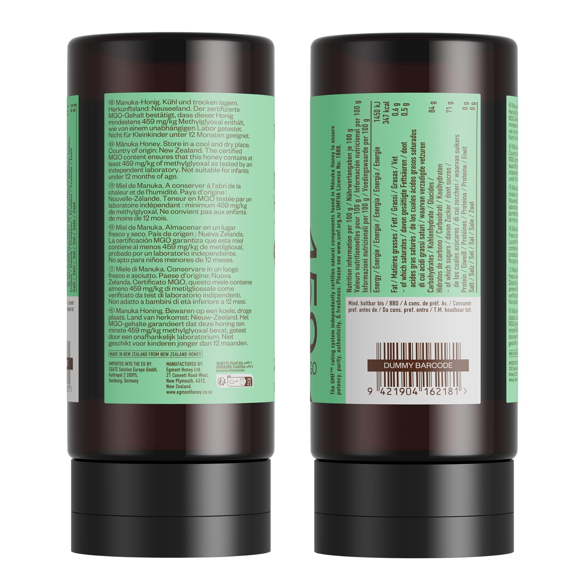 Egmont Honey Manuka Honig 459+ MGO 14+ UMF | 350 g Quetschflasche | 100% Reiner Manuka Honig aus Neuseeland, UMF & MGO-zertifiziert, Non-GMO, Koscher, Rückverfolgbar | aus Neuseeland