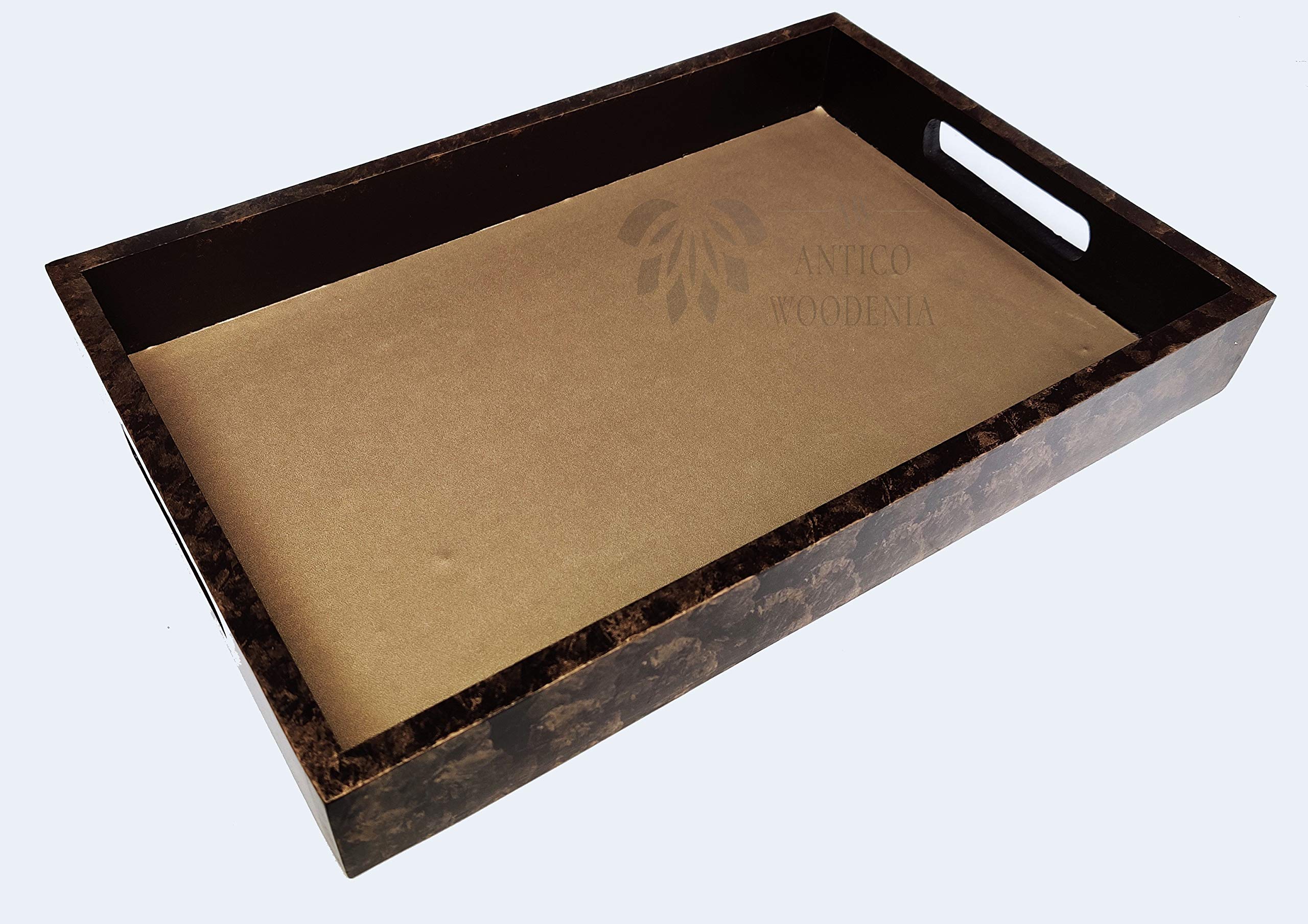 ANTICO WOODENIA Big Rectangular Brown with Faux Leather Extra Large Wooden Serving Tray with Handle