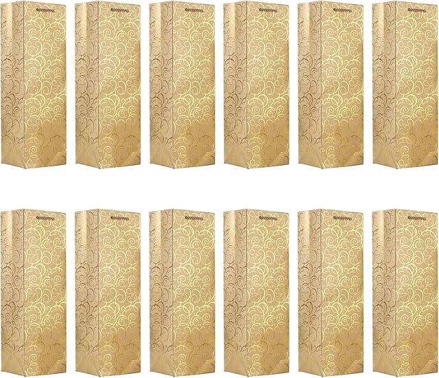 VABNEER 12 Pack Wine Gift Bags Bottle Bags Premium Paper Wine Bags with Handle for Anniversary, Birthday and Festival - 4.3 x3.5 x 13.7 inches (Gold) (Gold)