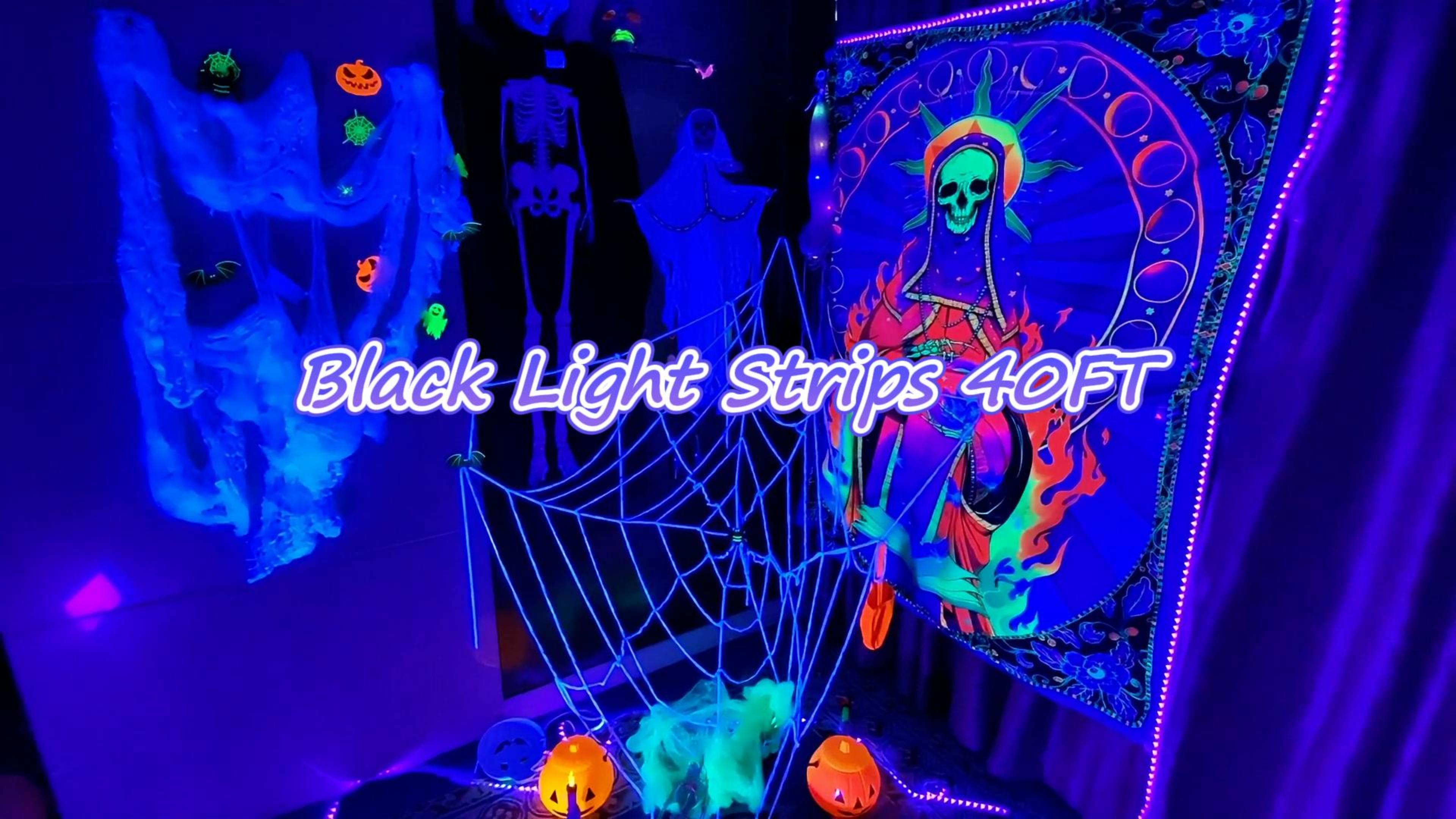 Image of Dimmable Black Light Strip Kit 40ft /12M 720 LEDs, 12V Flexible Blacklight Fixtures, 385nm-400nm, Black Light LED Strips for Glow Party Fluorescent Poster Halloween Indoor Bedroom Decor, Non-Waterproof