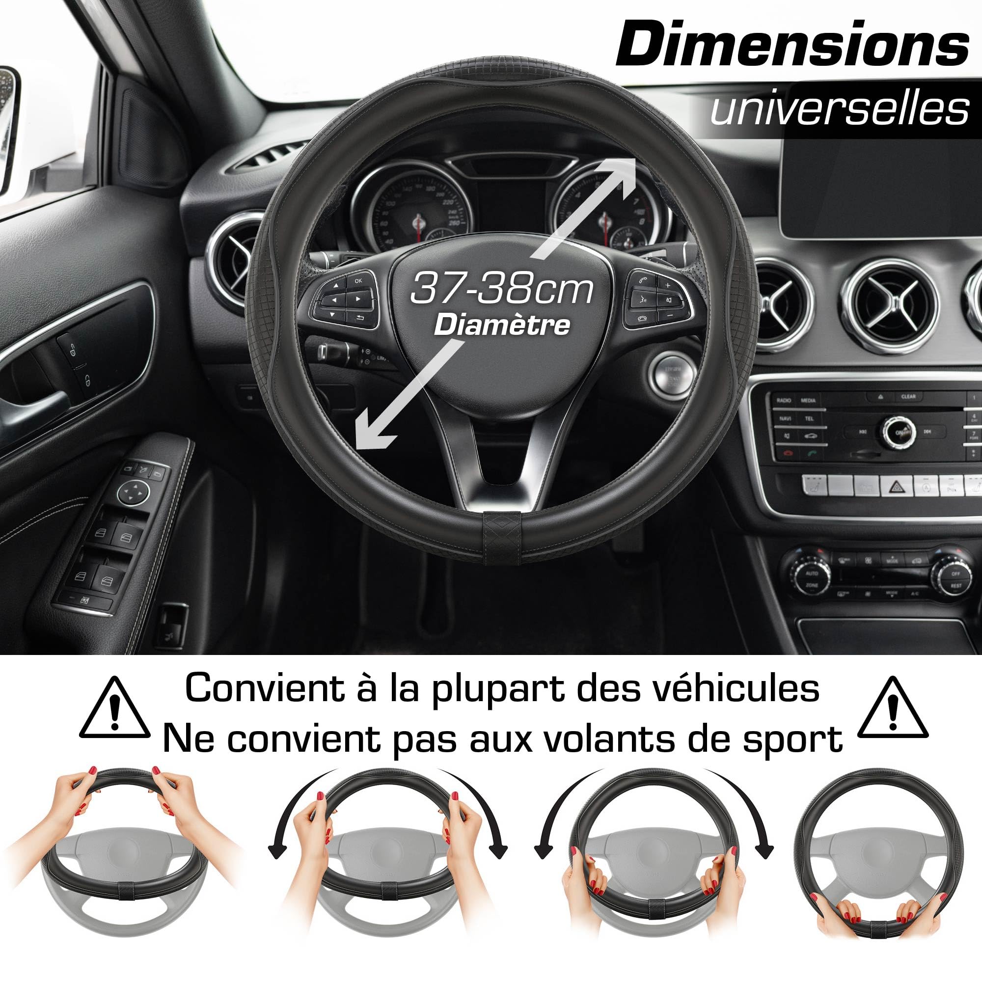 Upgrade4cars Couvre Volant Voiture Noir Simili Cuir | Housse de Protection Taille Universel 37-38 cm | Accessoires Auto Decoration Interieur Protege