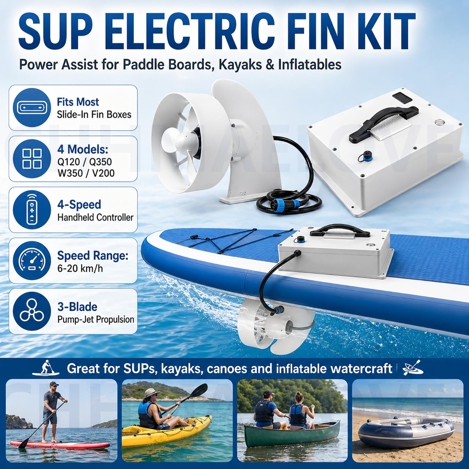 Elektro Finne SUP und SUP Finne Motor, Motor für Stand Up Paddle Board, 4 Modelle, 380W/630W/2500W, Pump-Jet Propeller, Slide-in Fit für SUP, Kajak, Kanu und Aufblasboot, Touren W3502.5h10-12km/h630W