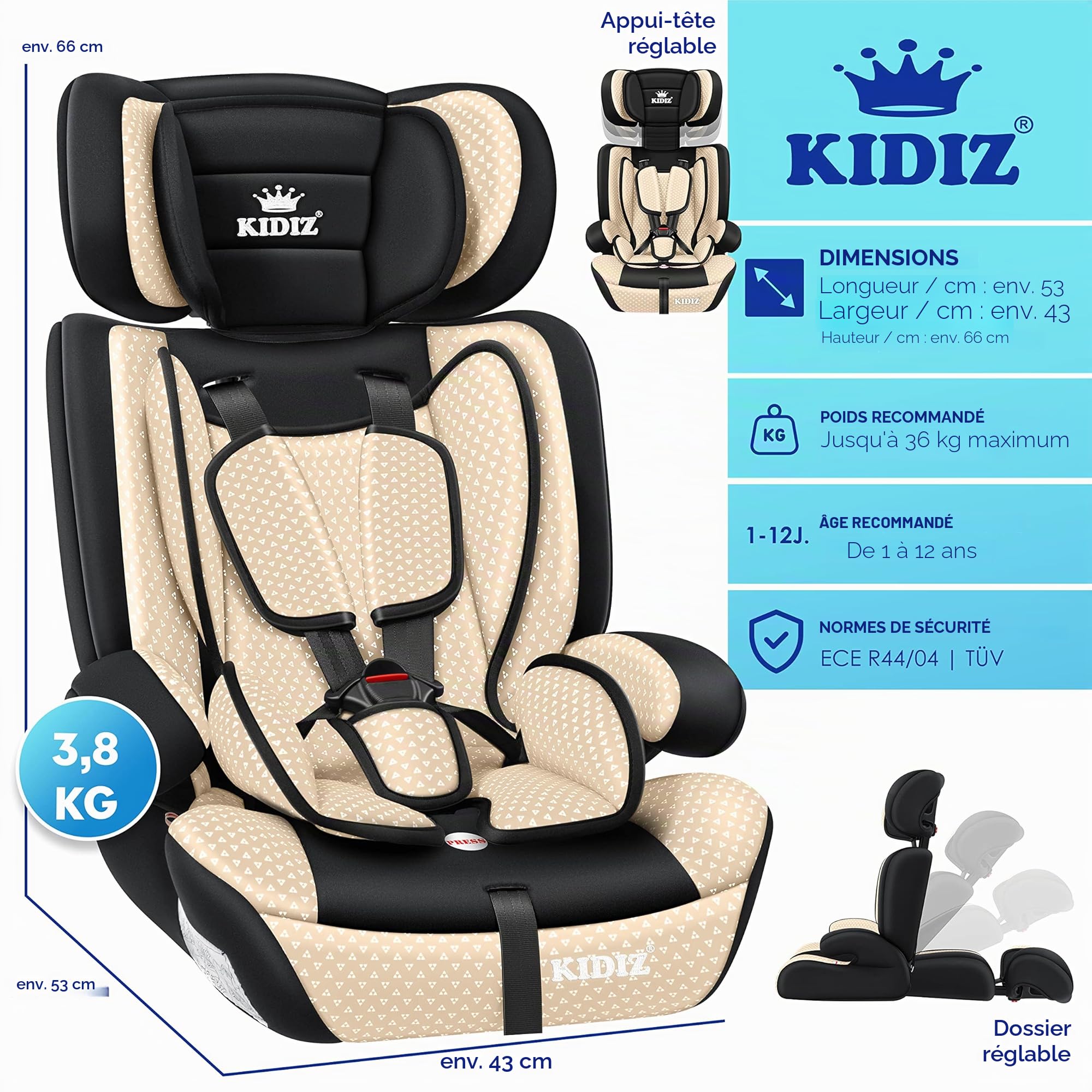 KIDIZ® Siège auto enfant | coque de siège auto | 9-36 kg 1-12 ans | Groupe 1/2/3 | universel | homologué selon ECE R44/04 | 6 couleurs différentes, Beige