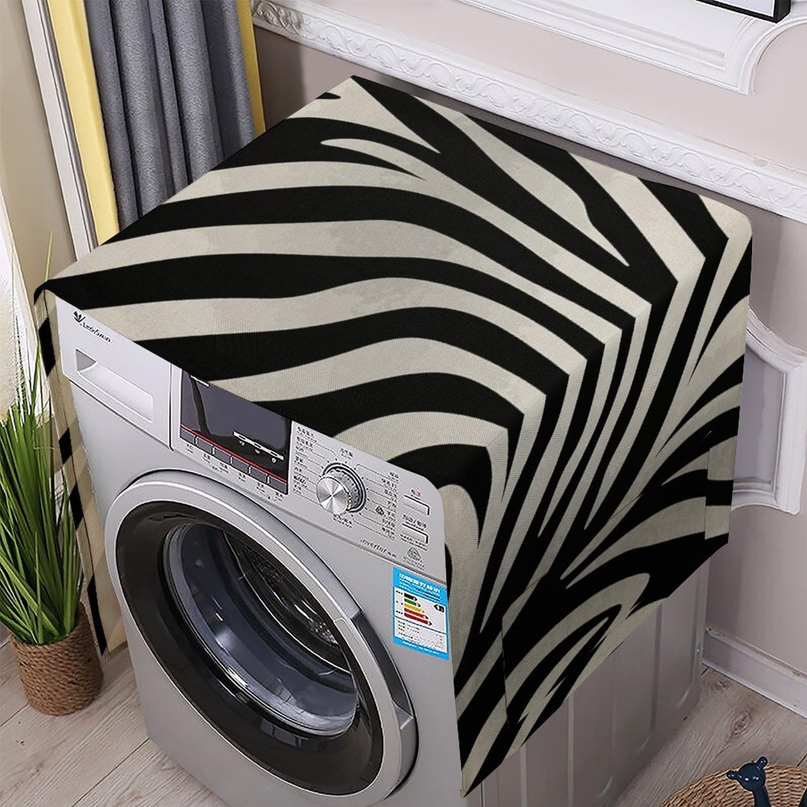 Fodpand White Washing Machine Cover For Top Load Dustproof Zebra Print Washer And Dryer Cover With Storage Pockets Household Appliance Covers Washable Top Protector Mat Pad For Laundry & Kitchen