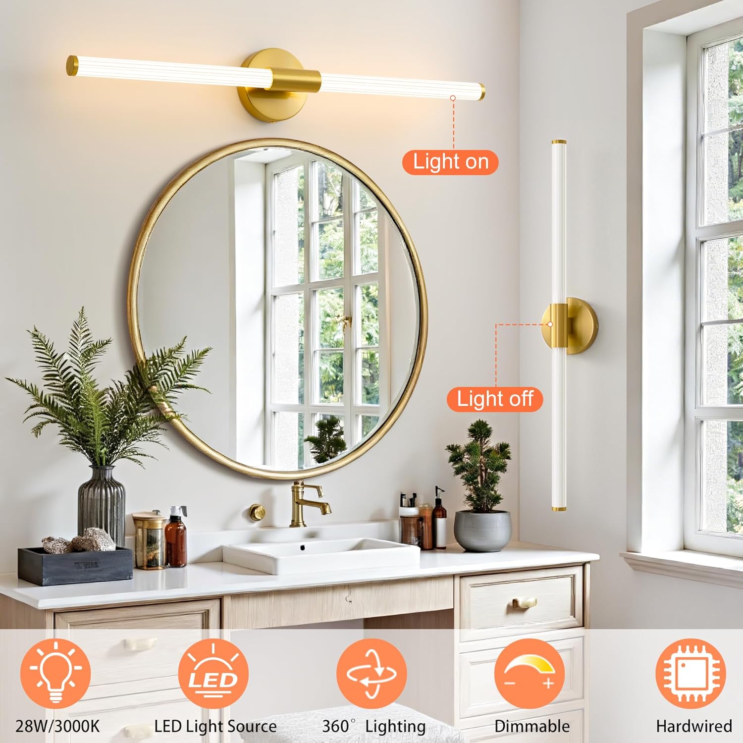 Dimmable LED Bathroom Vanity Lights 360° Full Lighting Bathroom Light Fixtures Over Mirror Vanity Light Bar Modern Wall Sconce Warm White for Bedroom Living Room Hardwired Gold, 30 inch
