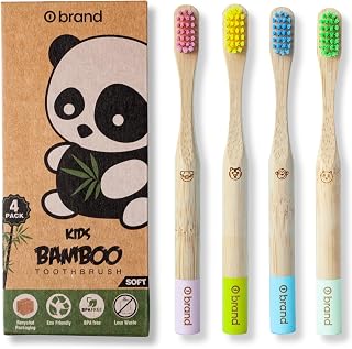 4 Pack KIDS Bamboo Toothbrush, Soft Bristle Toothbrush, ROUND HANDLE, Eco Friendly & Natural, BPA Free, Wooden Toothbrushes, Zero Waste Products, Organic, Vegan, Tooth Brush, Non Plastic, Environmental (4 PACK)