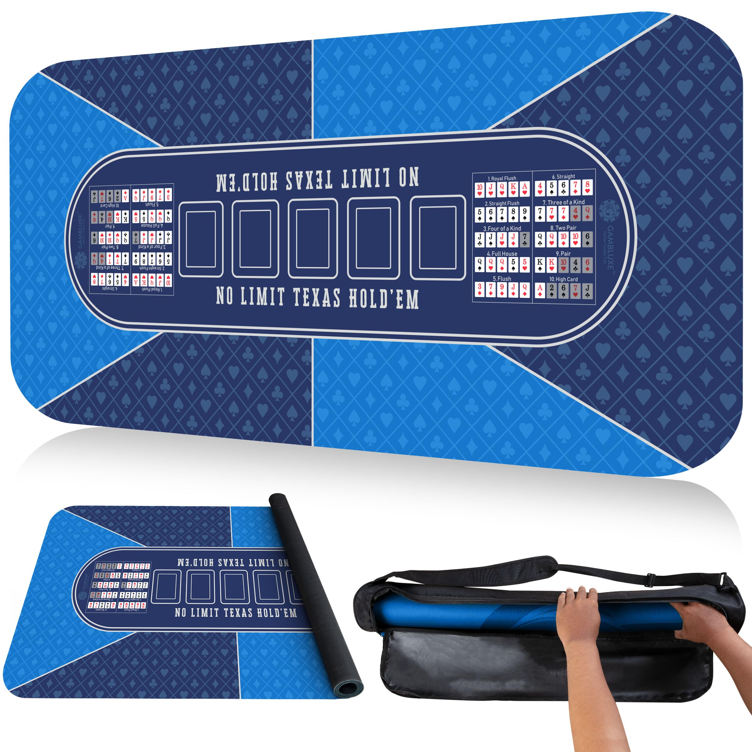 GAMBLUXE 47"X23" / 70"X35" Professional Poker Mat for Table - Smooth Water Repellent Poker Top for Table Nonslip Portable Texas Hold'em Poker Mat + Carrying/Storage Bag for Poker Games, (Blue)