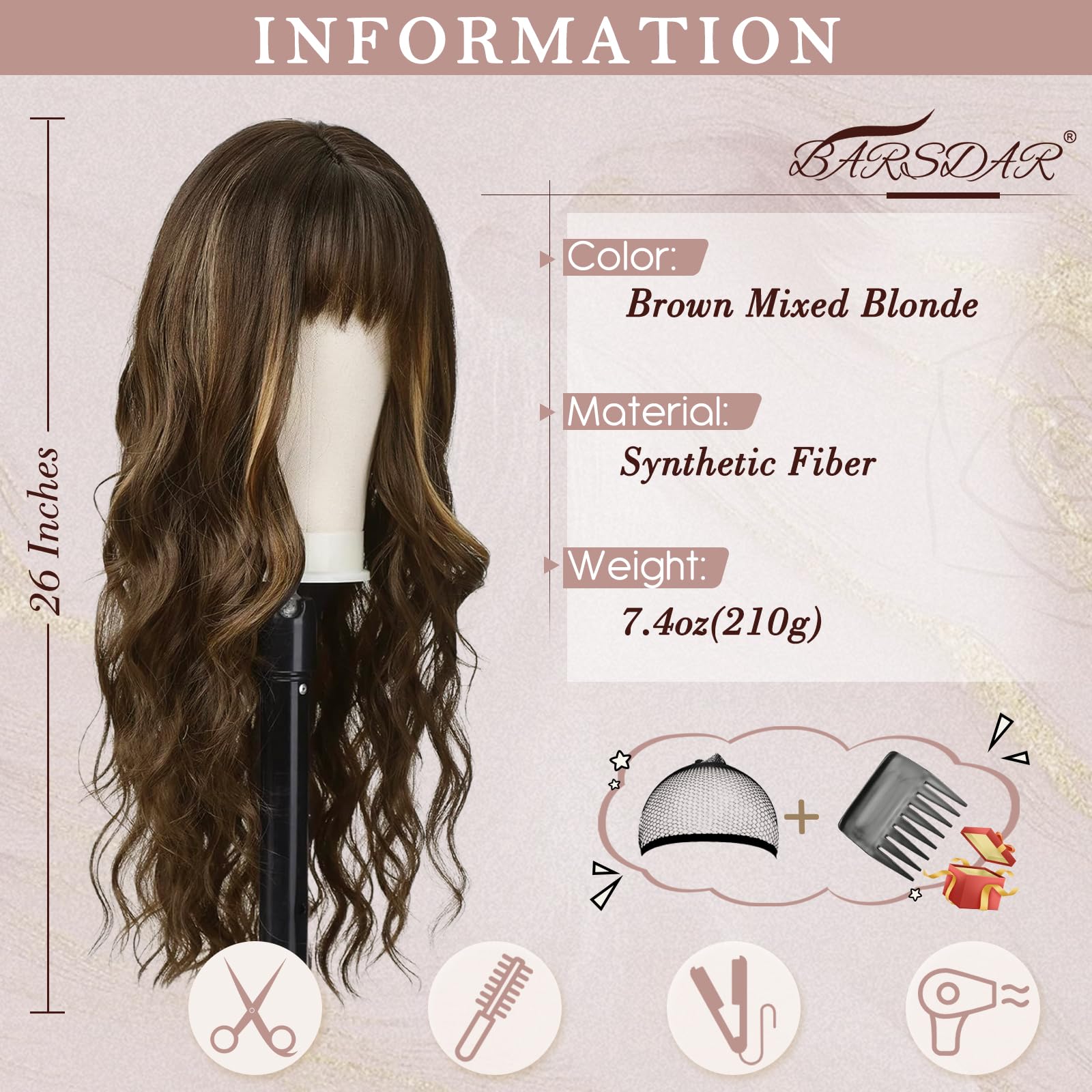 BARSDAR Lange Gewellt Highlight Perücke mit Pony, 66cm Lange Gewellt Braun Mix Blond Perücke mit Pony für Damen Synthetische Haar Replacement Perücken Natürlich Aussehendes Halloween Haar Perücken
