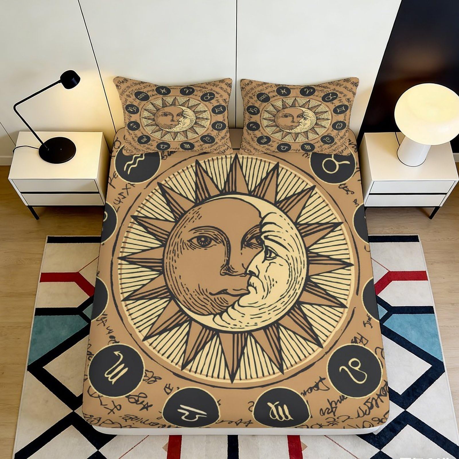 Jqzkxnhpbr Style-4 3D Printed Sun Moon Zodiac Fitted Sheet Microfiber Bedroom Decor Bed Cover For Home Guest Room Dustproof Washable 90X200x25cm
