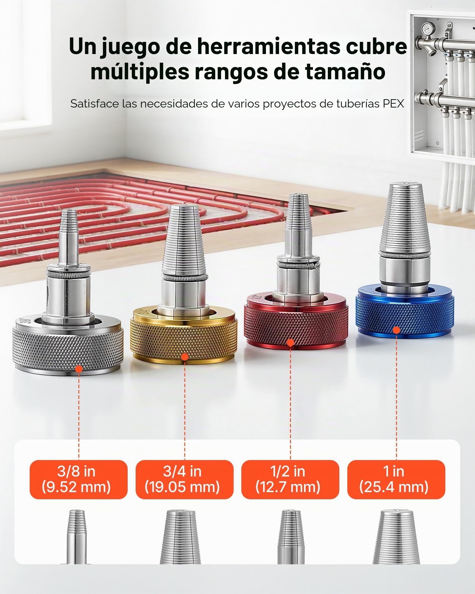 VEVOR Herramienta Expansor de Tubos PEX, Kit Manual para Expandir Tubería con 4 Cabezales de Expansión de 9,52 a 25,4 mm con Cortatubos, Lubricante para Instalaciones de Sistemas de Agua y Calefacción